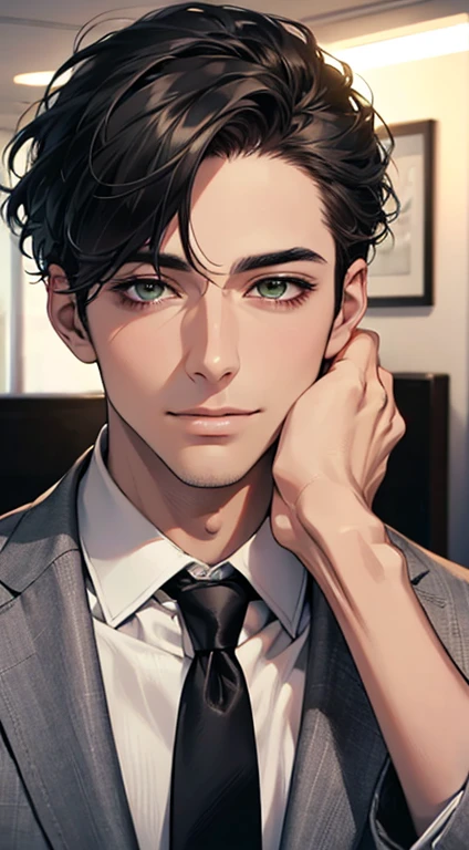 (Highest quality,4K,8K,High resolution,masterpiece:1.2),Super detailed,(Realistic,photoRealistic,photo-Realistic:1.37),1 person,34 years old,Mature Men,Beautiful skin、very handsome,Expressionless smile in love,Short gray Black hair,green eyes,Sharp Eyes,A perfect face without a doubt,Businessman, CEO, Office Background,Cinema Lighting,HDR image,tie、