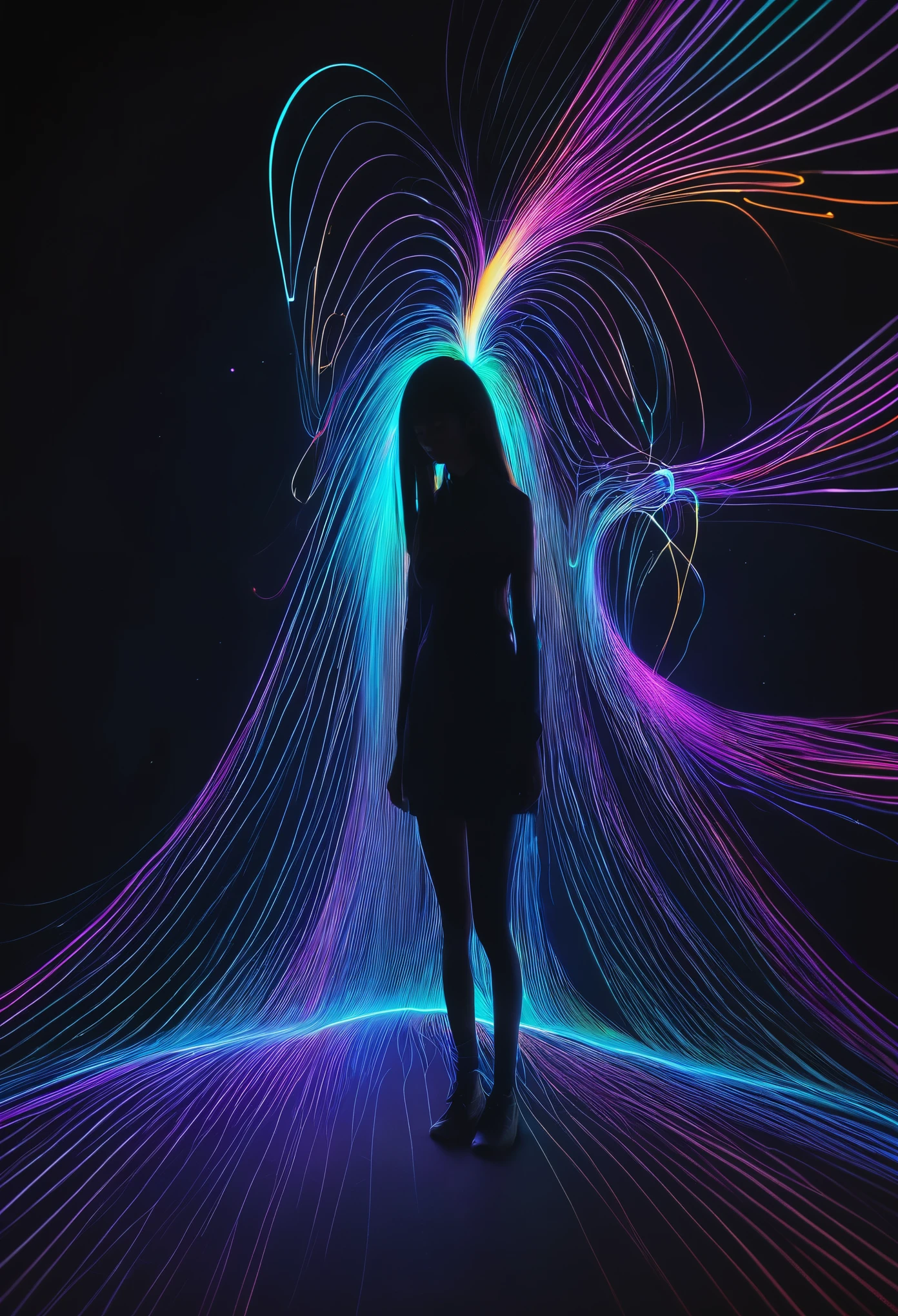 character concept design,1girl,half body,ojou-sama posture,incredibly long hair,light painting,time-lapse photography,Diffuse gradient,vertical random light line,colorful heart，A picture made of glowing lines