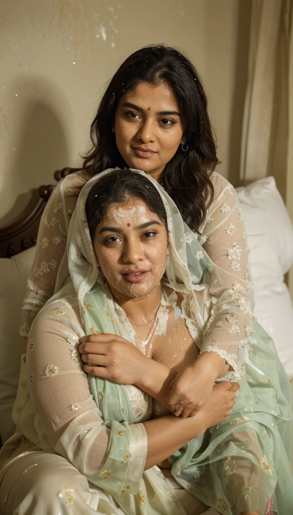 a  50-year-old shirtless man  affectionately hugging and kissing aradiant, full-figured South Indian plus-sized 30 year old teacher wearing a off white silky saree in  dressing room, (cum Splash on her face and blouse, cum Splash on her face, cum Splash)captured in a full-body image with vibrant hues and meticulous details. Full body image