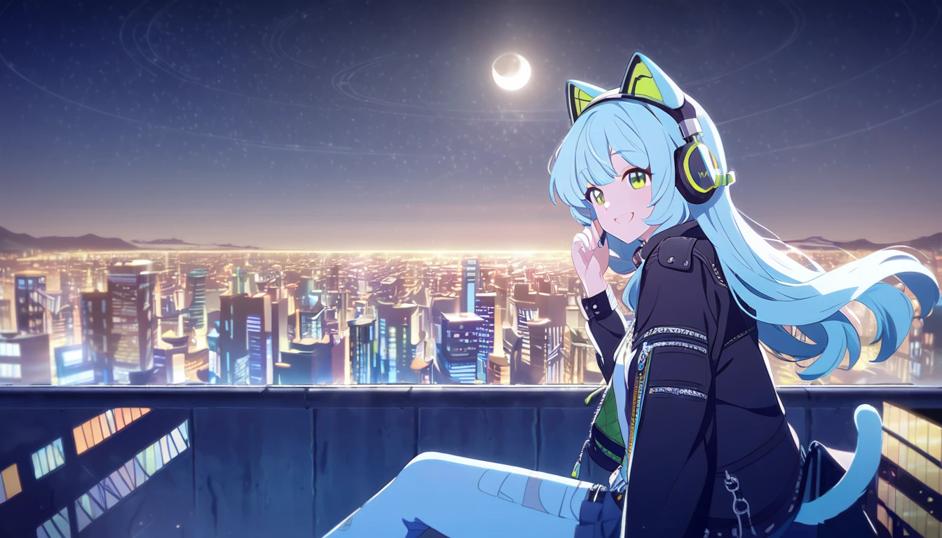 A humanized girl cat with blue fur and green eyes, wearing headphones and a leather jacket, is sitting on the edge of a rooftop at night. The city lights are shining behind her, and the moon is reflected on the sea. She is smiling and enjoying the music, unaware of the camera that is capturing this moment.