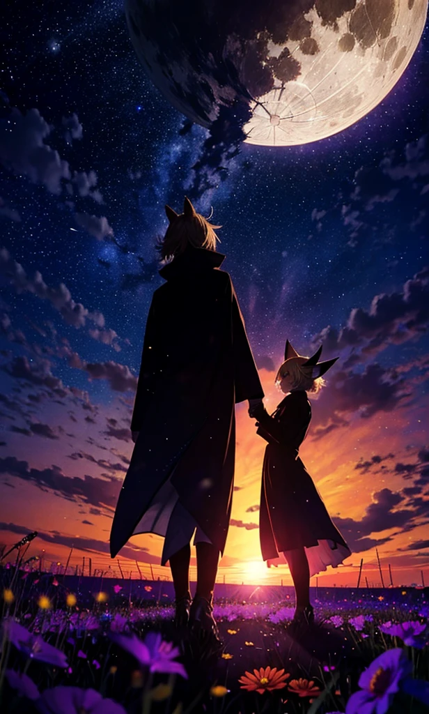 １people,Woman with medium length blonde hair，Fox Ears，Long coat，Takageta， Dress Silhouette， Rear View，Space Sky, Flower Field，Colorful flowers，Dancing Petals，full moon，shrine，