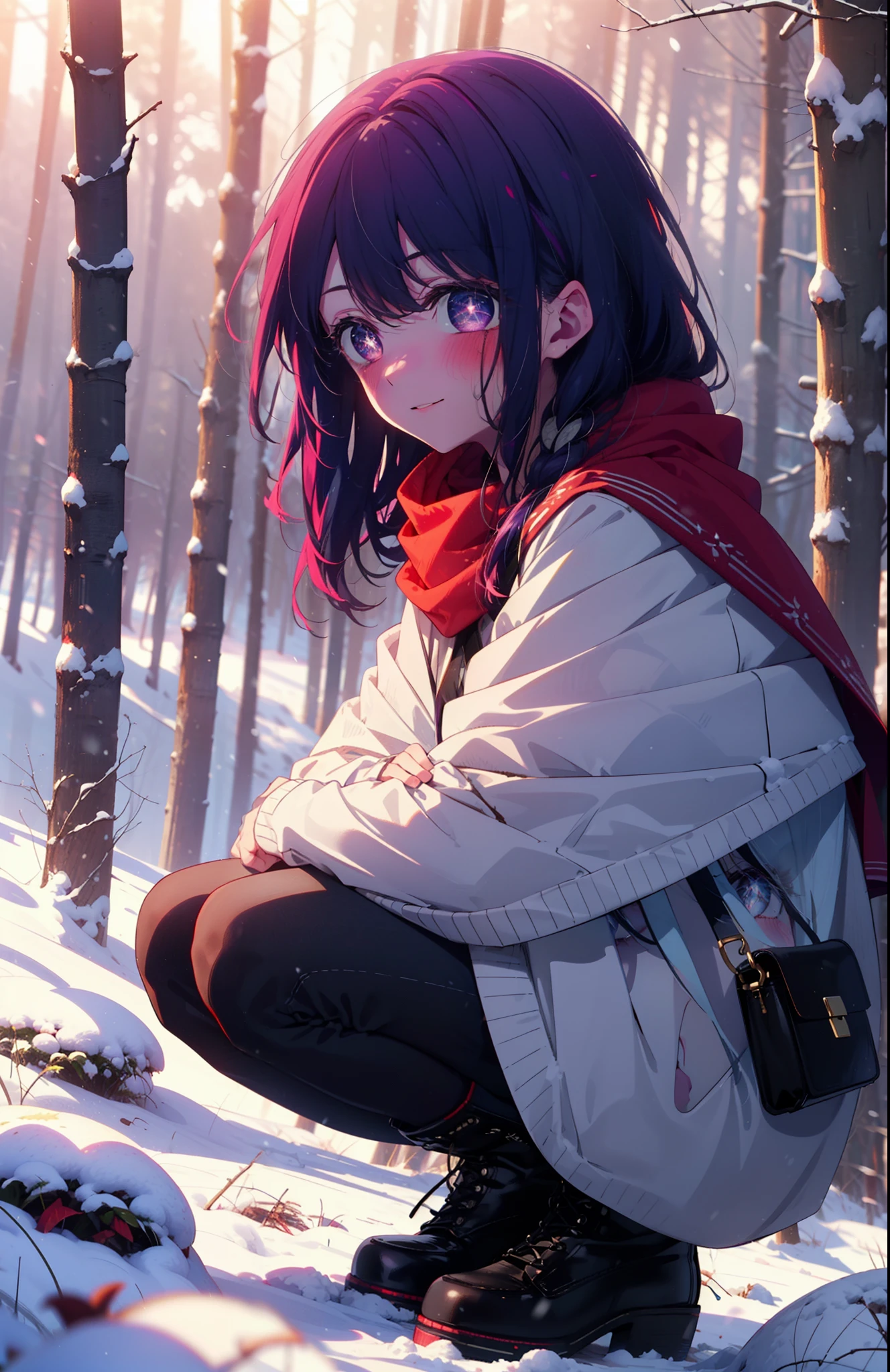 aihoshino, Ai Hoshino, Long Hair, bangs, (Purple eyes:1.1), Purple Hair, (Symbol-shaped pupil:1.5), smile,,smile,blush,white breath,
Open your mouth,snow,Ground bonfire, Outdoor, boots, snowing, From the side, wood, suitcase, Cape, Blurred, , forest, White handbag, nature,  Squat, Mouth closed, Cape, winter, Written boundary depth, Black shoes, red Cape break looking at viewer, Upper Body, whole body, break Outdoor, forest, nature, break (masterpiece:1.2), Highest quality, High resolution, unity 8k wallpaper, (shape:0.8), (Beautiful and beautiful eyes:1.6), Highly detailed face, Perfect lighting, Highly detailed CG, (Perfect hands, Perfect Anatomy),