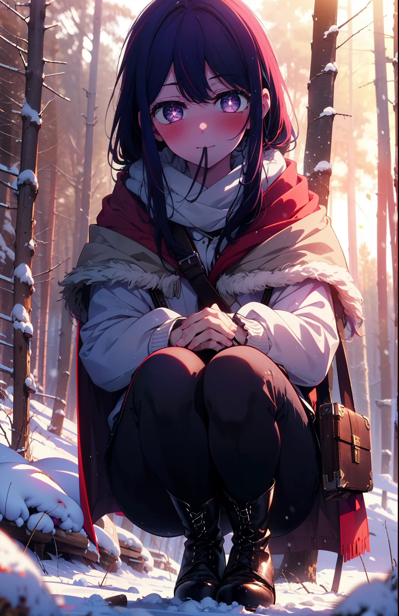 aihoshino, Ai Hoshino, Long Hair, bangs, (Purple eyes:1.1), Purple Hair, (Symbol-shaped pupil:1.5), smile,,smile,blush,white breath,
Open your mouth,snow,Ground bonfire, Outdoor, boots, snowing, From the side, wood, suitcase, Cape, Blurred, , forest, White handbag, nature,  Squat, Mouth closed, Cape, winter, Written boundary depth, Black shoes, red Cape break looking at viewer, Upper Body, whole body, break Outdoor, forest, nature, break (masterpiece:1.2), Highest quality, High resolution, unity 8k wallpaper, (shape:0.8), (Beautiful and beautiful eyes:1.6), Highly detailed face, Perfect lighting, Highly detailed CG, (Perfect hands, Perfect Anatomy),