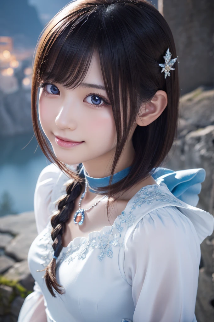 head shot,beautiful detailed eyes, droppy eyes,beautiful detailed lips, extremely detailed eyes and face, long eyelashes, 1japanese girl, fantasy character, (Final Fantasy, yuuna),smile,short hair,elegant white dress,break, blue long skirt,break,magical girl, highly detailed, fantasy landscape, dramatic lighting, glowing effects, mist, intricate details, volumetric lighting, cinematic composition, hyper realistic, 8k, best quality, masterpiece, photorealistic,Highres fix