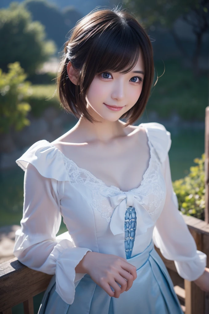 head shot,beautiful detailed eyes, droppy eyes,beautiful detailed lips, extremely detailed eyes and face, long eyelashes, 1japanese girl, fantasy character, (Final Fantasy, yuuna),smile,short hair,elegant white dress,break, blue long skirt,break,magical girl, highly detailed, fantasy landscape, dramatic lighting, glowing effects, mist, intricate details, volumetric lighting, cinematic composition, hyper realistic, 8k, best quality, masterpiece, photorealistic,Highres fix