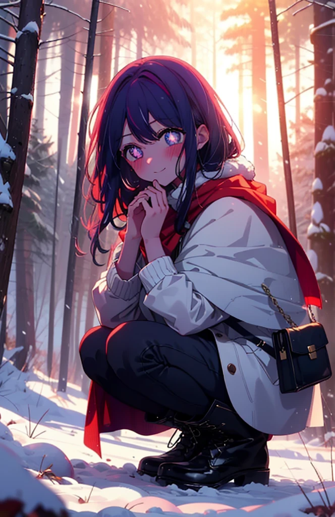 aihoshino, Ai Hoshino, Long Hair, bangs, (Purple eyes:1.1), Purple Hair, (Symbol-shaped pupil:1.5), smile,,smile,blush,white breath,
Open your mouth,snow,Ground bonfire, Outdoor, boots, snowing, From the side, wood, suitcase, Cape, Blurred, , forest, White handbag, nature,  Squat, Mouth closed, Cape, winter, Written boundary depth, Black shoes, red Cape break looking at viewer, Upper Body, whole body, break Outdoor, forest, nature, break (masterpiece:1.2), Highest quality, High resolution, unity 8k wallpaper, (shape:0.8), (Beautiful and beautiful eyes:1.6), Highly detailed face, Perfect lighting, Highly detailed CG, (Perfect hands, Perfect Anatomy),