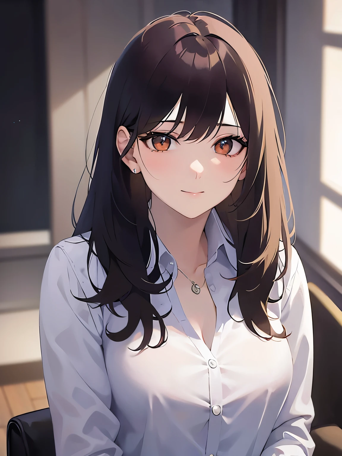 Upper Body, Realistic, real person, (pale skin: 1.2), RAW photo, photorealistic, shiny skin, shiny hair、(A 25-year-old woman with medium-length hair and bangs) and (wavy hair) and (brown hair) and (orange eyes) , (business suit:1.5) and (white collared shirt) 、smile, The background is the conference room、Alone、Are standing