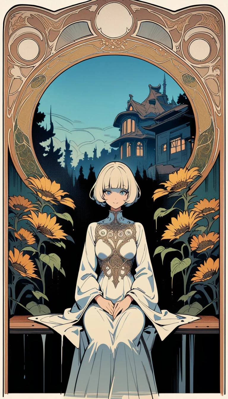 ((best quality)) , ((masterpiece)) , (detailed),A cute girl wearing a white dress and hat is sitting on a bench, smiling at me in front of a sunflower garden with a blue sky background. There is an open bus stop next to her. She has short hair and bangs hairstyle in the style of anime and in the style of Japanese manga, in high definition.,((art nouveau style ， elegant, decorative, curvilinear forms, nature-inspired, ornate, detailed,Horror-themed ， Eerie, unsettling, dark, spooky, suspenseful, grim, highly detailed))