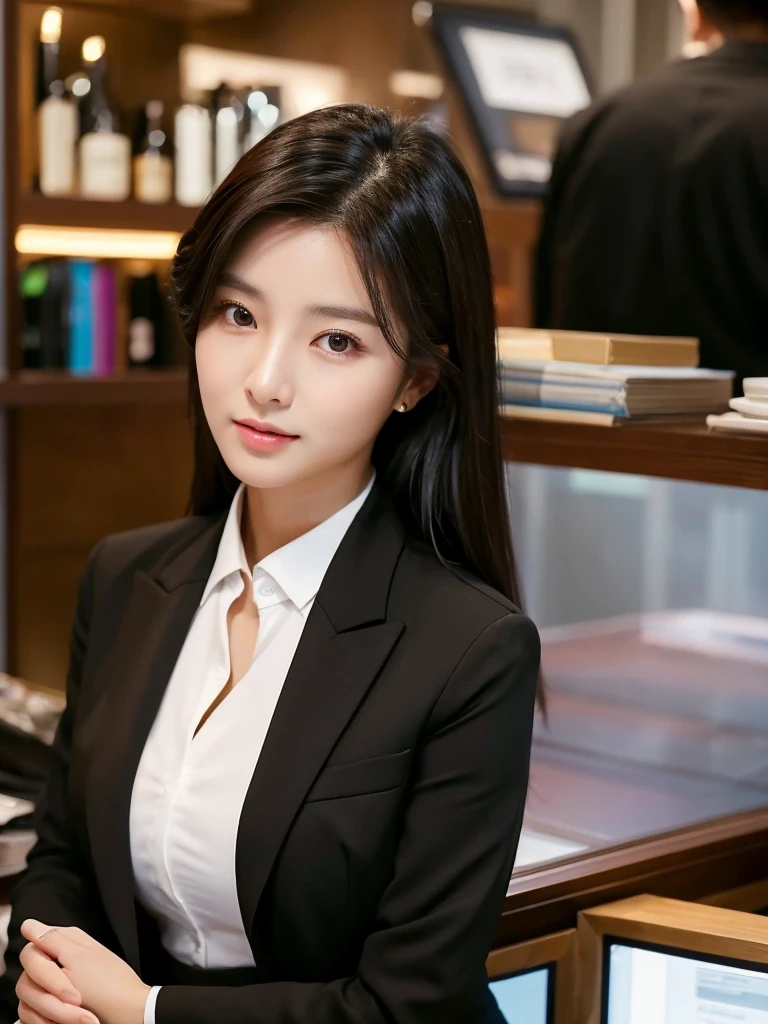  South Korean half Chinese woman in her 28s. Her hair is long in a black color. Her face is oval and marked by her large brown eyes, which carry a cold, unexpressive face. Her skin is radiant and clear, presenting an impeccable state of health and her curved lips. Her body athletic and defined, with the most charming. She stands in her office at night with her back to the glassware, wearing a blazer black with top and social pants 
