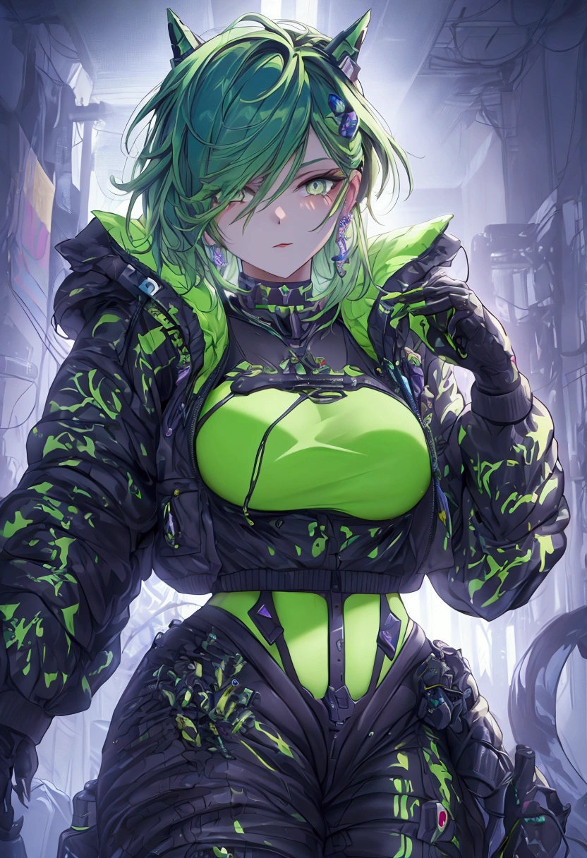 FULL HD FOTO REALISMO CINEMATIC GRAFICOS ULTRA REAISMO NOVA GERAÇÃO Athena + Kurama teen sexy  girl with green gold blue oversized clothing decote sexy, olhos grandes vermelhos lindos merging as a mechanic with robotic parts interspersed within his human form, dynamic pose wrench in hand, workshop background cluttered with machinery, oil stains, dimly lit with flickering fluorescent lights, high contrast shadows, vivid colors, intricate detailing of mechanical components, digital painting., Mysterious
