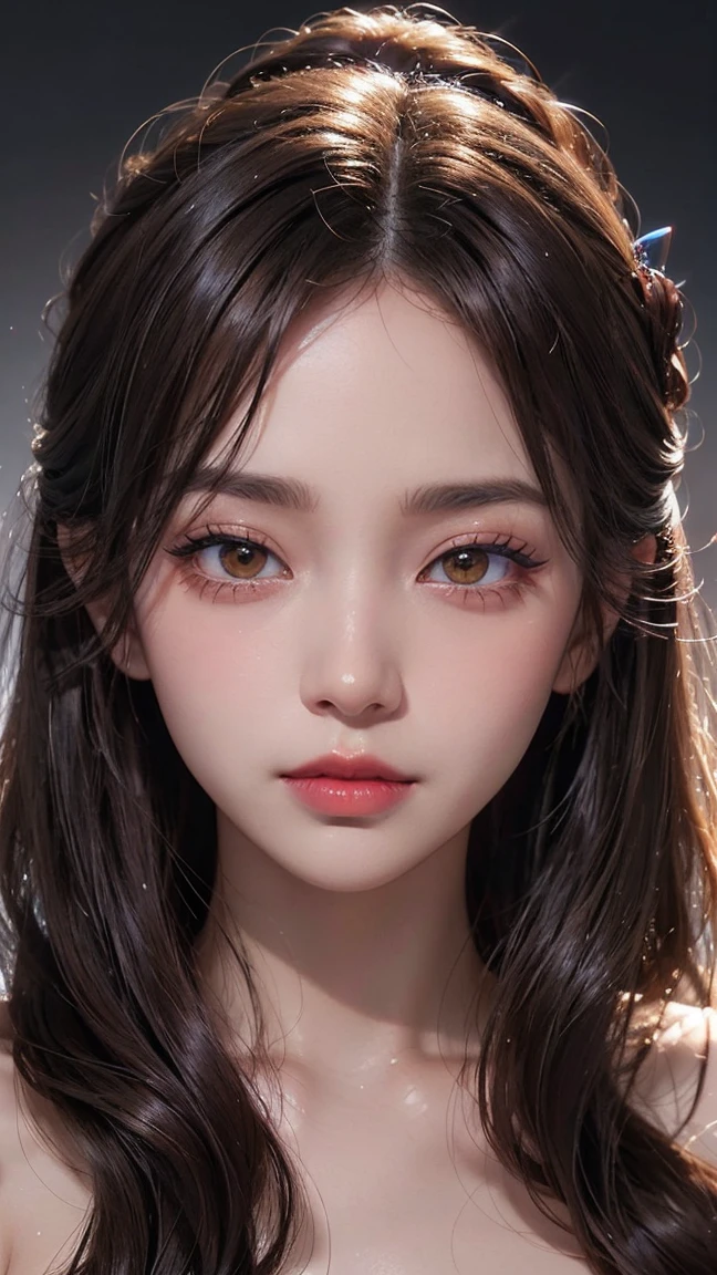 high resolution portrait。With a symmetrical face、Have clear, smooth skin and a radiant complexion。The facial features are well defined、High cheekbones、Straight nose、Characterized by plump lips。The eyes are large and expressive、Have long, thick eyelashes and perfectly groomed eyebrows。The makeup style is focused on glowing skin with a pearly shine.、Full coverage foundation、Orange blush、Sharp contouring、Holographic eyeshadow、Cool Tone Highlights、Uses deep red lipstick。Wet hair style、Using oils and balms to create volume。The background is simple and elegant.、The focus is on her face.。The lighting is soft and inviting、Enhance her features、It gives a glamorous impression。