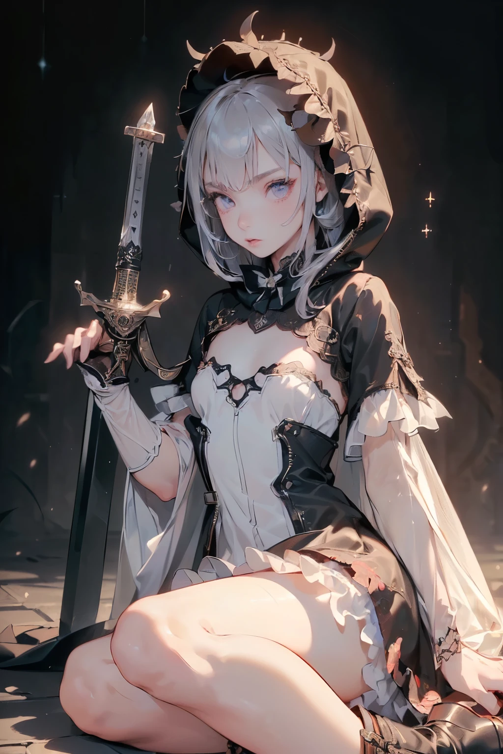 (((masterpiece, of the highest quality, super detailed))), (a female knight of an occult order), (an occult saint), (combat pose), (ready for combat), (resolved expression), (resolute expression), (((holding a sword that it is rapidly flickering in and out of reality))) ((glitch sword)), ((glitching sword blade)), (nier: automata), Edwardian/Victorian era inspired, ((minimal but intricate beautiful armour)), ((Fluttering lace flared dress with frilly petticoats)), ((((Highly detailed face))), (((Very sharp focused eyes))), very long eyelashes, (small breasts), (((flat chest:1.1))), occult aesthetic, (red and white clothing detailed and intricate steampunk and detailed gothic), (with a hood), complex lace boots, (full body)