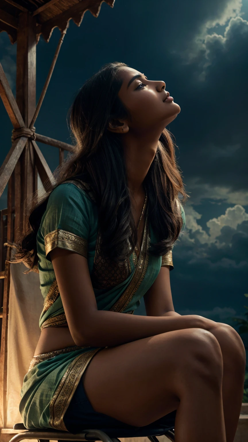 A sweet indian girl is sitting in a wheelchair looking up at the sky and begging with her hands outstretched.Beautiful Calm eyes & sad face, Hyper-realistic photography, gentle soft spotlighting, real picture, cinematic style, realistic environment, low contrast, 8k, highly detailed face,Full view, dark room background, Side view