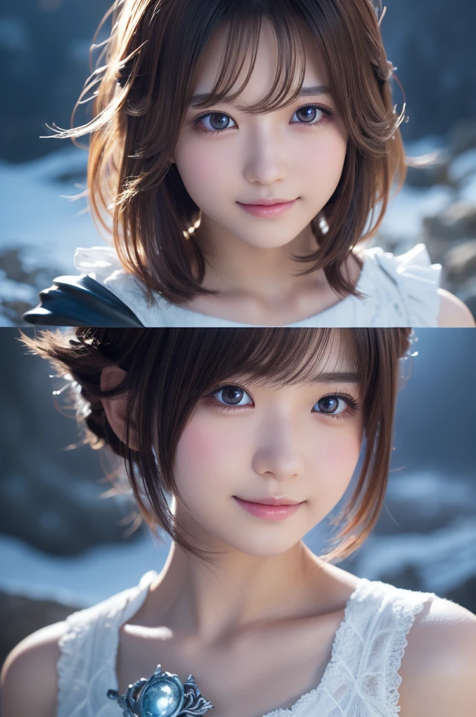 head shot,beautiful detailed eyes, droppy eyes,beautiful detailed lips, extremely detailed eyes and face, long eyelashes, 1japanese girl, fantasy character, (Final Fantasy, yuuna),smile,short hair,elegant white dress,break, blue long skirt,break,magical girl, highly detailed, fantasy landscape, dramatic lighting, glowing effects, mist, intricate details, volumetric lighting, cinematic composition, hyper realistic, 8k, best quality, masterpiece, photorealistic,Highres fix
