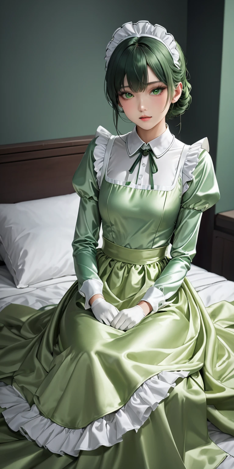 Portraiture、(masterpiece,Highest quality,Ultra-high resolution),Japanese women, (((Very beautiful 25 year old girl)))、(She is wearing a shiny light green satin long sleeve maid outfit..)、The dress has a simple design without any patterns...、(((A long skirt made of pale green satin.)))、Pale green satin gloves、((Pale green satin bodysuit))、Sitting on a bed in a dark room