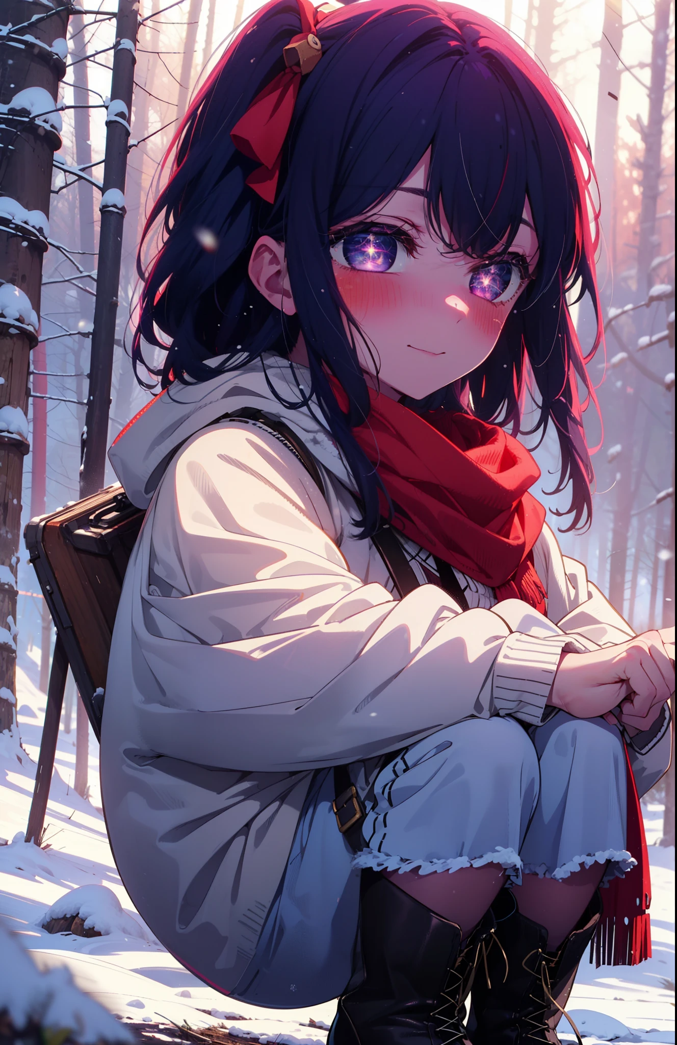 aihoshino, Ai Hoshino, Long Hair, bangs, (Purple eyes:1.1), Purple Hair, (Symbol-shaped pupil:1.5), smile,,smile,blush,white breath,
Open your mouth,snow,Ground bonfire, Outdoor, boots, snowing, From the side, wood, suitcase, Cape, Blurred, , forest, White handbag, nature, Squat, Mouth closed, Cape, winter, Written boundary depth, Black shoes, red Cape break looking at viewer, Upper Body, whole body, break Outdoor, forest, nature, break (masterpiece:1.2), Highest quality, High resolution, unity 8k wallpaper, (shape:0.8), (Beautiful and beautiful eyes:1.6), Highly detailed face, Perfect lighting, Highly detailed CG, (Perfect hands, Perfect Anatomy),