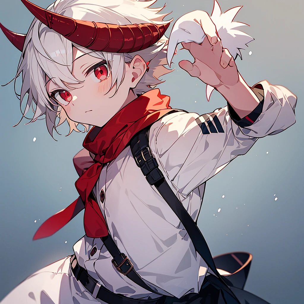 Boy version of Eri in my hero academia, he have white short hair with red eyes he is a 7 boy, he have a little horn on his right side of his head and he wear a simple white shirt with short and he is solo