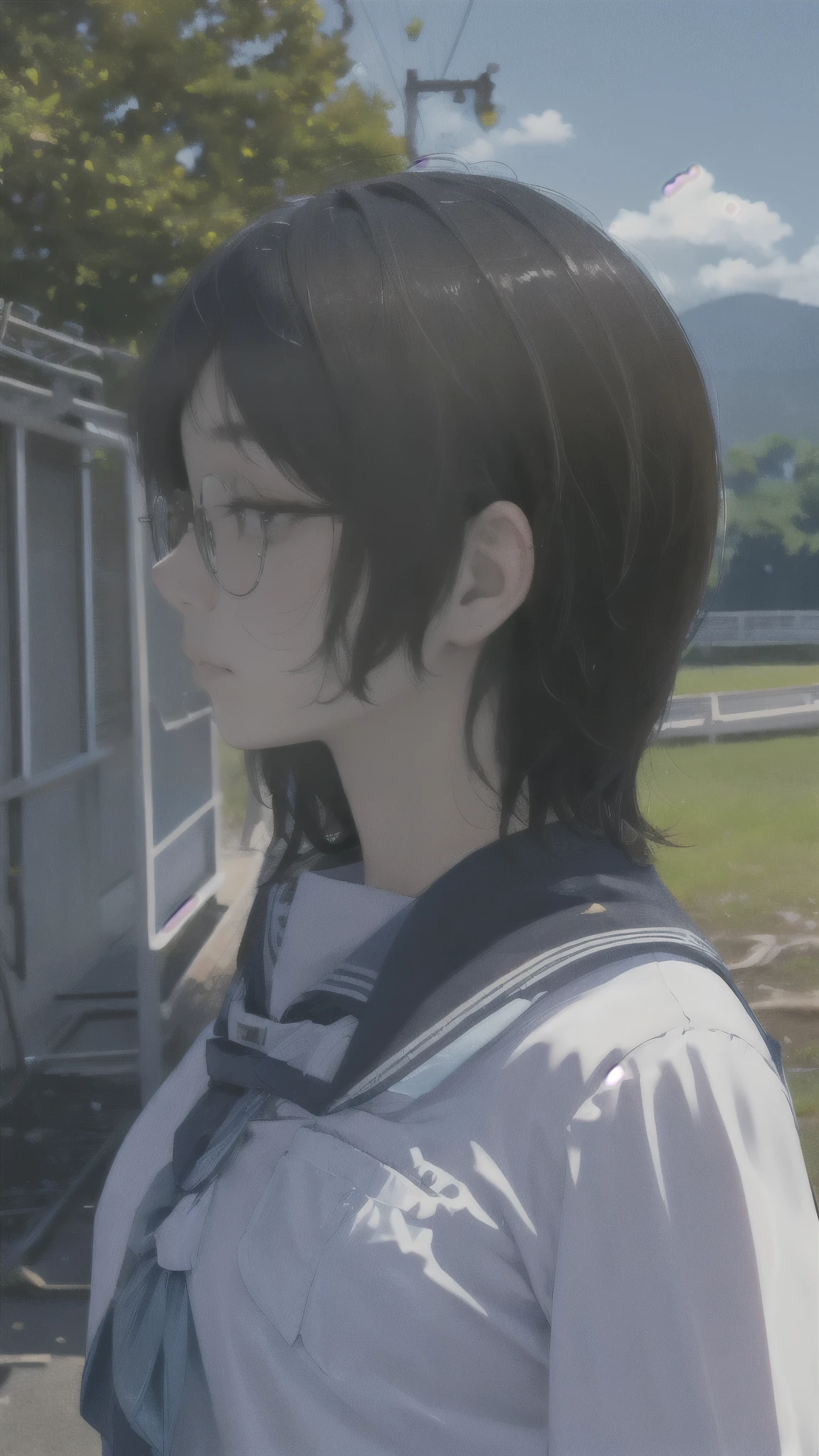 One girl、uniform、scenery、Glasses、profile、Landscape、Close-up of face、Highest quality、Masterpiece、Upper Body、solo