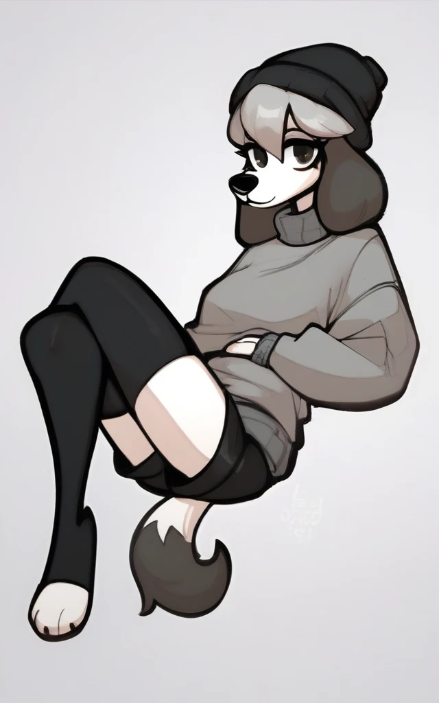 High quality, (ultra high quality:1.5), detailed, detailed eyes, black pupils, brown eyes, ultra detailed, Furry, (female, poodle, grey fur, black hair, smirk, tongue out:1.5), small breasts, (microbikini, black beanie, blush, stockings:1.5), (kneeling, spreading legs:1.5), (high angle view:1.5), by teranen, by fluff-kevlar, by zackary911, by jrjresq, (by claweddrip:1.2), (by waspsalads:1.5), by pudgeruffian, background, detailed background, house, room, (bedroom:1.5), bed, (dark room:1.5), (dim:1.5)