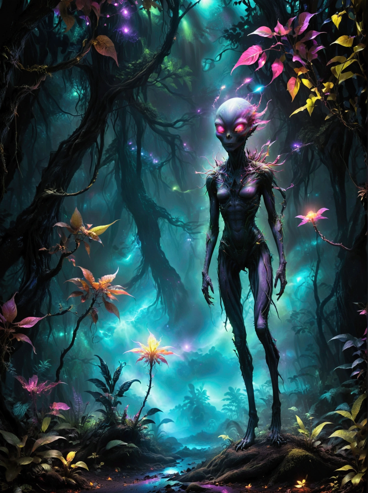 （Best quality，8k，high resolution，masterpiece：1.2），Super detailed，alien forest，harsh environment，(((dark night background，恐怖的外星dark night background，Black light art background))), 可怕的发光Alien Creatures，Powerful electromagnetic waves，Light Wave，Flying in the air，anger，transparent，Long legs，Glowing alien plants，Magic Wand，Fantasy landscape，Dark depressing colors，Fluorescent atmosphere，异想天开的Alien Creatures，otherworldly plants，Horrible scenery，Mysterious aura，Alien Creatures，Mesmerizing charm，Ethereal atmosphere，Surreal elements，Cosmic Energy，Fantasy realm，Dreamlike environment，Surreal creatures，Horror Forest，Imaginary worlds，Amazing alien terrain，Whimsical plants，Mood lighting，Vibrant Leaves，The ethereal existence，otherworldly glow，captivating details，Complex texture，Vibrant colors