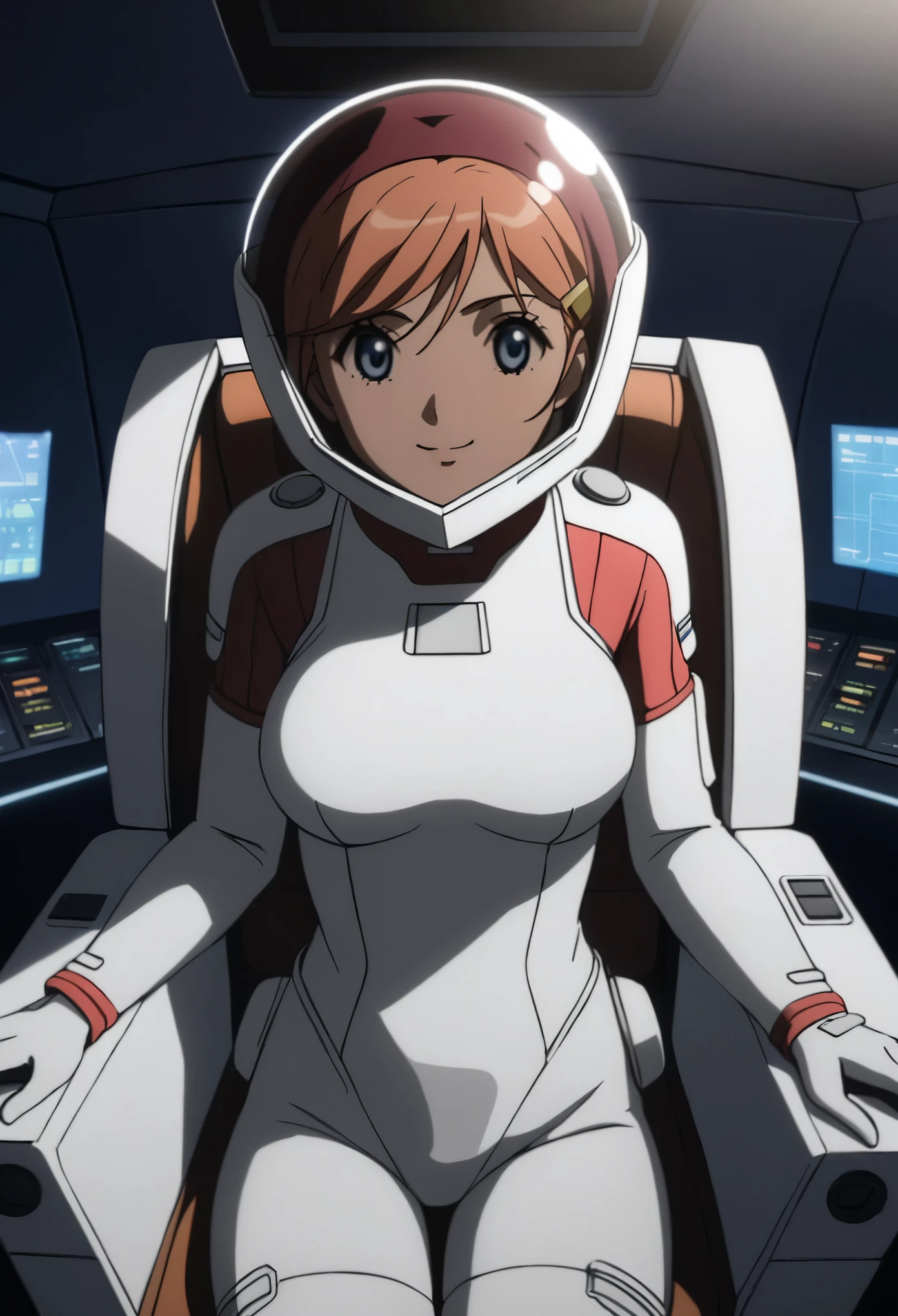 eva helm, spacesuit , astronaut), from above, bubble helmet, space helmet, (1girl:1.1) wearing a (spacesuit:1.15), white cargo pants, (ugh, wtf do these buttons do:1.3), inside the cockpit of a (futuristic spaceship:1.1), sitting in the captains chair, (intricate control panels:1.3), (gleaming metal:1.1), surrounded by many buttons and dials and gauges, (smile:1.1), concerned, beautiful 8k wallpaper, highly advanced, (sleek design:1.3), intricate, highres, superb, 8k wallpaper, extremely detailed, intricate, short hair, from below,