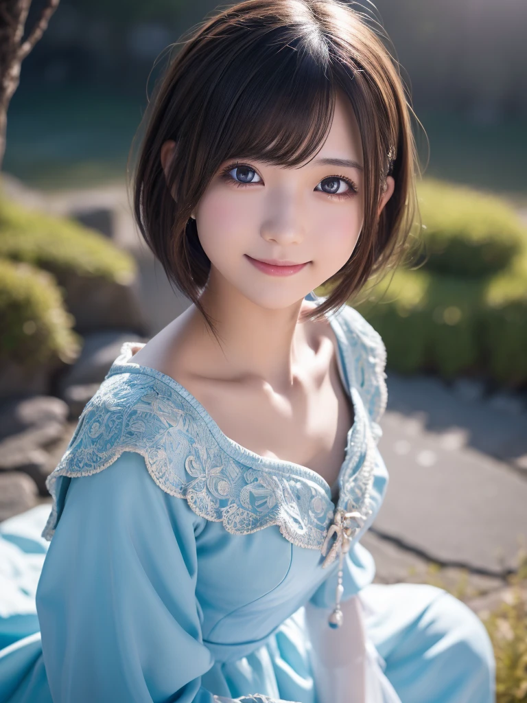 head shot,beautiful detailed eyes, droppy eyes,beautiful detailed lips, extremely detailed eyes and face, long eyelashes, 1japanese girl, fantasy character, (Final Fantasy, yuuna:1.25),smile,short hair,elegant white dress,break, blue long skirt,break,magical girl, highly detailed, fantasy landscape, dramatic lighting, glowing effects, mist, intricate details, volumetric lighting, cinematic composition, hyper realistic, 8k, best quality, masterpiece, photorealistic,Highres fix