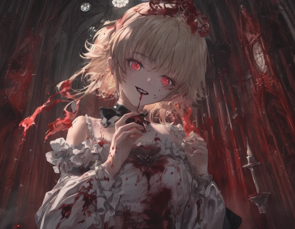 .(Highest quality,4K,High resolution,masterpiece:1.2),Very detailed,Realistic:1.37,Spooky altar background,Dark fantasy,Red color scheme,Ominous atmosphere,Eye-catching,Storytelling,anatomy,Anime Style,Concept Art,beautiful細部までこだわった顔と (((Red eyes ))),A terrifying ritual ,Satanic Ritual,Premature death,inappropriate behavior,クレイジーなsmile,Scythe Face,Girl Monster, beautiful, Delicate facial features, Sharp Eye, Sharp Fangs, pale skin, Thick chain, Dark Background, Cinema Lighting, Dramatic Shadows, Gothic style, Gloomy atmosphere, Dark fantasy, 一人のgirl, Please open your mouth wide, Open your mouth and baring your teeth,Sharp teeth like a beast, Wide lips, very wide mouth, Vermilion cheeks, ,(Blood splatter:1.4),Scary smile, smile,Angel Design, Twisted smile、Bloody、bleeding from the head,,,,,、Blood splatter、,(Blood splatter:1.4),skull,Horrorスタイル, ((Fantasy Sweet ****ta Frilly Pink Costume)), ((flowing blonde hair)), ,(Blood splatter:1.4),Female curves, Sexy flat stomach, Perfect hands, Perfect anime face, (Pink ****ta Dress)), Are standing, ((邪悪なsmile)), ,(Blood splatter:1.4), Steam circulates, Moonlight Illumination, night lighting, (Blood splatter:1.6),アニメAngel Design, Twisted smile、Bloody、bleeding from the head,,,,,、Blood splatter、,(Blood splatter:1.4), skull,Gothic architecture、Western architecture、Fantasy World、,Victorian cities, Skeleton Gas Light,Absurd, High resolution、 ((Tabletop)), ((Highest quality)), (Very detailedな), ((Very detailed)), (beautiful), ((かわいいgirl)), (NFSW:1.8), alone,(10 years old:1.6)、(world&#39;The most terrifying and creepy demon girl:1.5)beautiful face、Whole Body Ezbian、pale, Beautiful Skin、beautiful金の髪、Smiling Kindly、Dark building ruins、(snow white&#39;Frill dress:1.3)、(The dark ruins are stained with blood:1.3)、Low angle full body shot、(少女は血の海の中にAre standing:1.5)、(The ground is full of blood:1.3)、(The girl lost a lot of blood...:1.3)、(クレイジーなsmile:1.6)、Spirits、(Blood dripping from the mouth:1.3)、ネオゴススタイルのgirl, Wearing a black dress and a white collar, Wearing a black hat、wearing heavy makeup, Standing in a mystical garden surrounded by vines. The garden is full of deep purple flowers.、背景のGothic architecture。. girl&#39;The hair is golden、、A red rose is pinned to the side。. Her eyes are sharp、It&#39;Like being stabbed., Thick black eyeliner and long lashes. 彼女は顔色がpale.、Her lips are bright red.. The atmosphere is gloomy and eerie, with dim lighting casting long shadows. This piece combines digital illustration and photography.., the result、驚くほどHigh resolutionの画像が生まれました. Most of the colors are dark、I&#39;Calm, Deep reds and purples create a dark beauty.. The style is neo-gothic., Horror, Portrait Photography, Create a unique and compelling visual experience.Dark Imagery、(8k, RAW Photos, Highest quality, masterpiece:1.2),(Realistic, photo-Realistic),Photo Background,Face-only photo,Draw only the face,look up,Face shot,Scythe Face,Girl Monster, slave,beautiful, Detailed portrait, Delicate facial features, Sharp Eye, Sharp Fangs, pale肌, Thick chain, Dark Background, Cinema Lighting, Dramatic Shadows, Gothic style, Gloomy atmosphere, Dark fantasy, 一人のgirl, , Please open your mouth wide, Open your mouth and baring your teeth,Sharp teeth like a beast, Wide lips, very wide mouth, Vermilion cheeks, ,(Blood splatter:1.6),Scary face, Laughter　Witch design, ねじれたsmile、Bloody、bleeding from the head,,、Blood splatter、,(Blood splatter:1.6),Crossbones, skull,　, Horrorスタイル,
