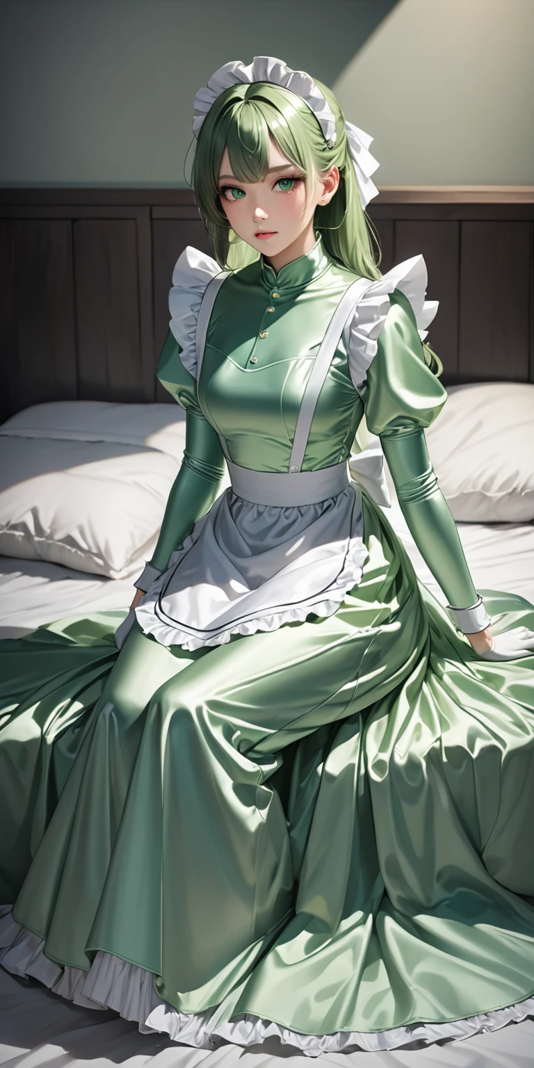 Portraiture、(masterpiece,Highest quality,Ultra-high resolution),Japanese women, (((Very beautiful 25 year old girl)))、(She is wearing a shiny light green satin long sleeve maid outfit..)、The dress has a simple design without any patterns...、(((A long skirt made of pale green satin.)))、Pale green satin gloves、((Pale green satin bodysuit))、Sitting on a bed in a dark room