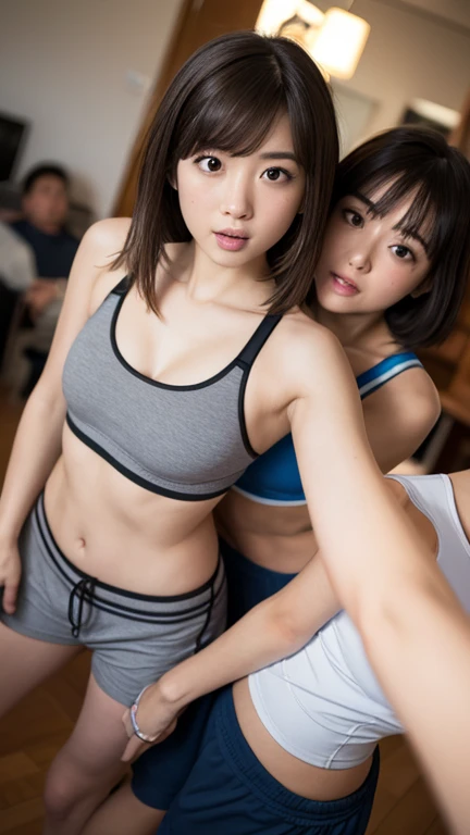 Two girls doing athletics,On all fours,Push up your butt, eye contact,Yuri,Soaked in sweat、tan、Beautiful ass、Small breasts、White sports bra,White Bloomers、Small Ass,Compression shorts, Pussy juice stain,18-year-old,Embarrassed face,Short Hair, deal ratio body proportions, indoor,Front light、Moriman、Pussy Line