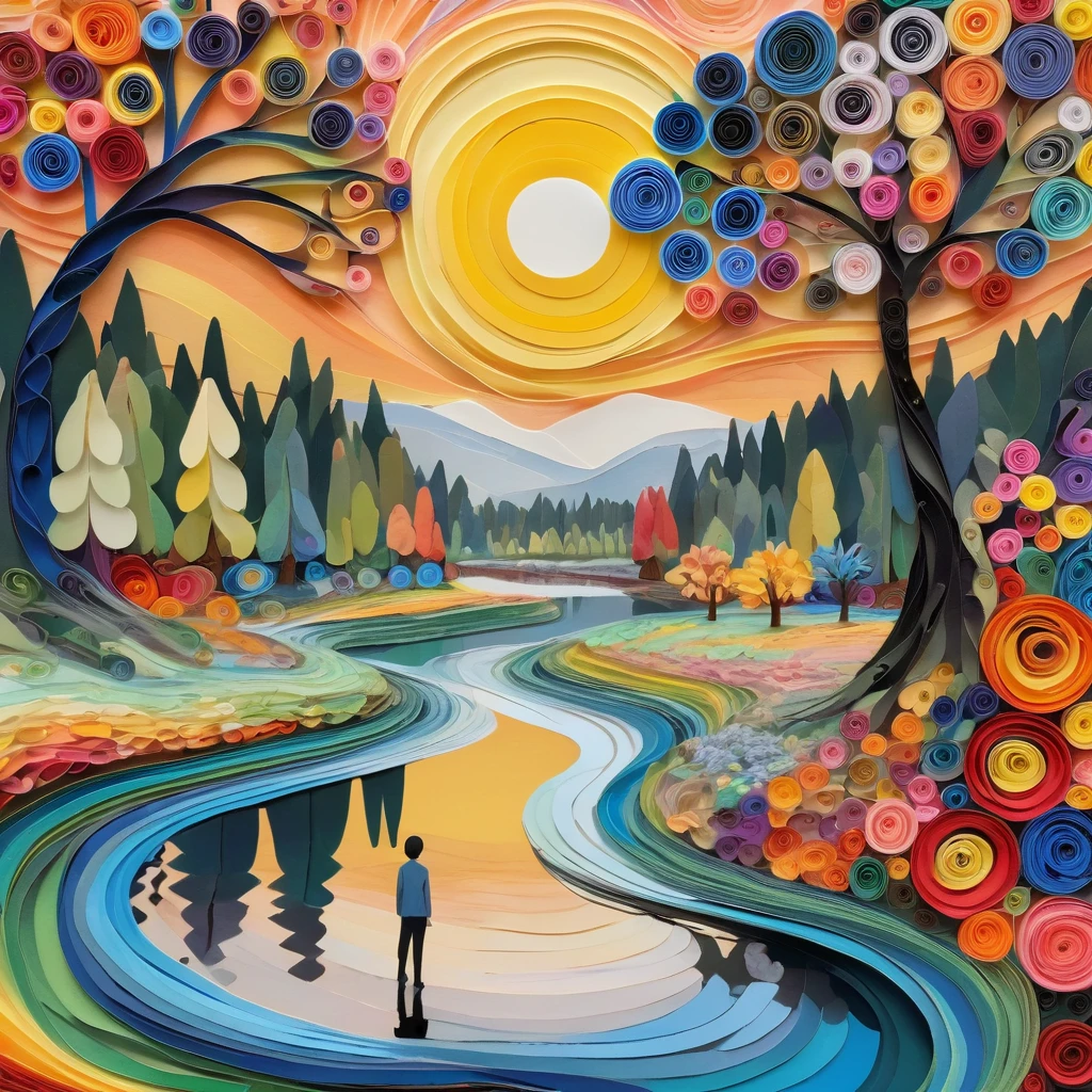 In a vibrant, digital painting blending mixed media, a stick man with one large, expressive eye stands beside a tranquil river. His intricate, swirly shirt is a riot of colors and patterns, drawing the viewer's gaze. The background features a swirling sky, with a mosaic sun casting a kaleidoscope of light across the scene. Flowers and trees along the riverbank are rendered with meticulous quilling techniques, their forms intricate and delicate, psychedelic, synesthesia, ethereal, metaphysical landscape, pop art and neo-expressionism, Agnes Lawrence Pelton, the geometric vibrancy of Sonia Delaunay, and the whimsical yet profound style of Wanda Gág. 