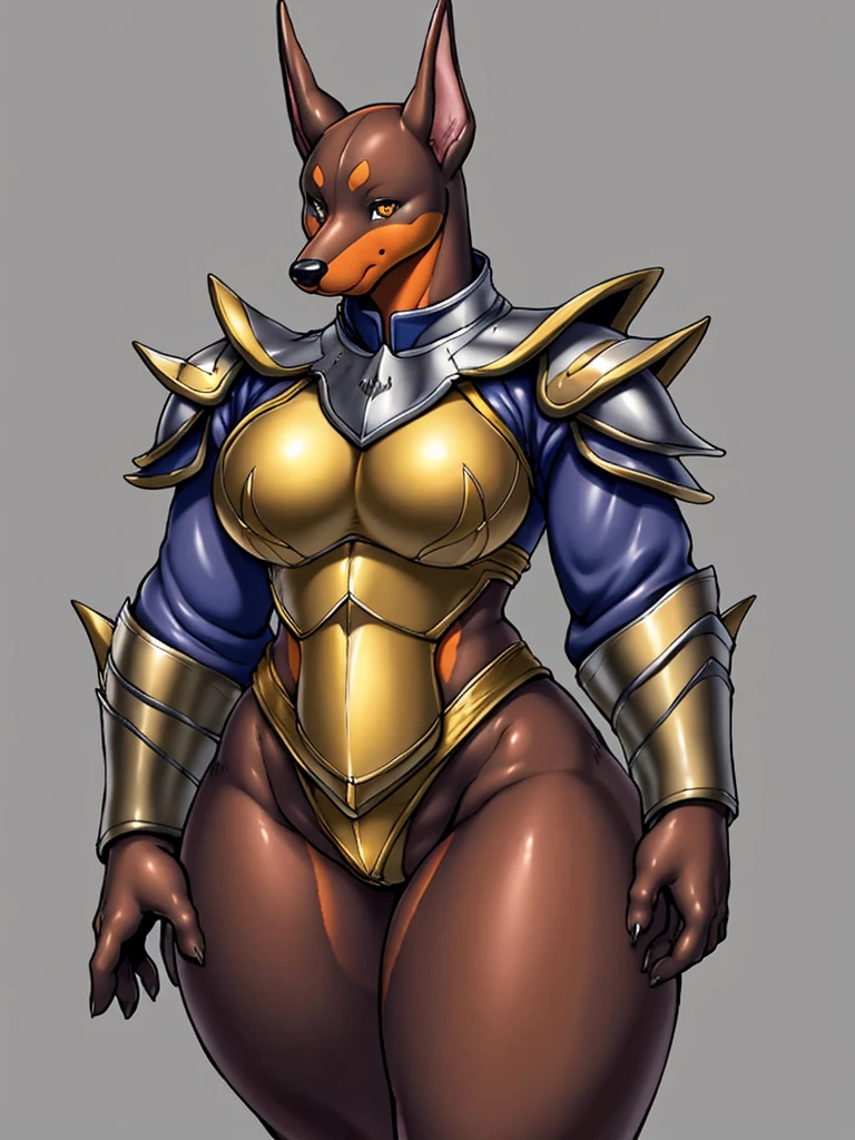 ((dog)), furry female anthro,HD,sharp,beautiful and detailed,woman ((anthro)),1girl,Milf, mature woman,(look at viewer) ,(perfect eyes),(doberman),sad,brown skin,by dr comet,by pochincoff, by jlullaby,by kingbang,by obui,by ZeroQrisu,by sparrow,by gmeen,yellow eyes,standing,knight outfit,armor,old scool fantasy art,((simple background)),(gray background),