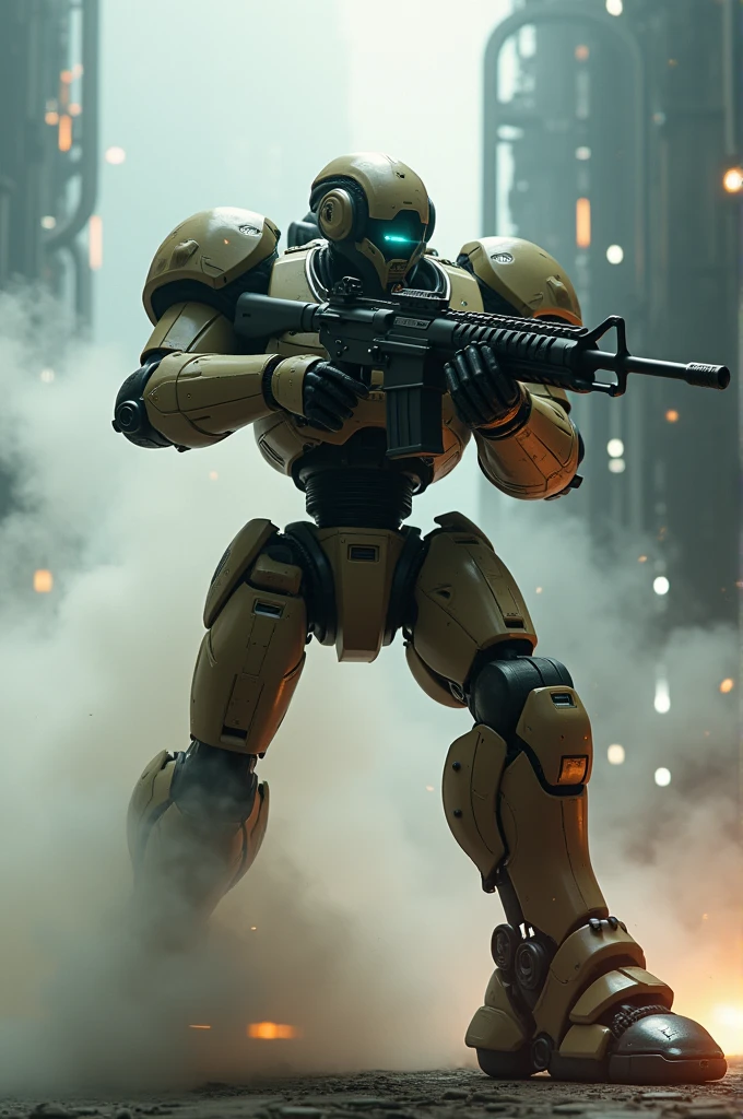 (Highest quality), Best Quality,future, Patlabor-style robot, smoke, mechanical, Digital Sculpture, 超High resolution, Absurd, Deep shine effect, High resolution, Particles of light, Cinema Lighting, Depth of written boundary,Flare,4K,ARRI ALEXA LF,Black Promise,Khaki body,レンズFlare,Streaks,Shoot a rifle,Designed by Hajime Katoki,cyber punk,psycommu,Space Colony