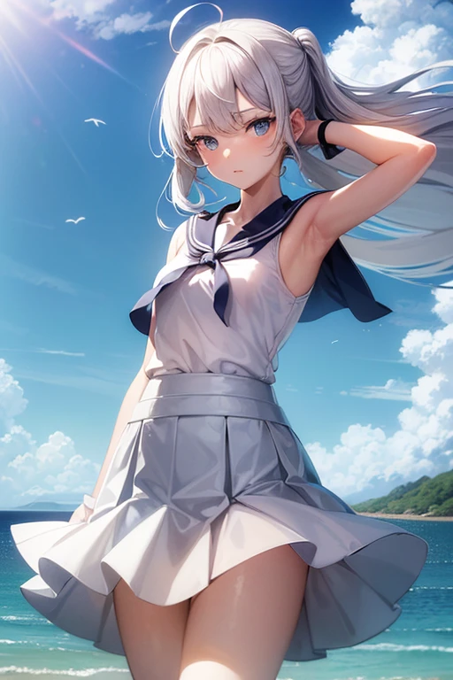 (master_piece, high_quality, beautiful, super delicate, absurdres:1.2), 1girl, mature, , beautiful face, ahoge, hair fluttering in the wind, white hair, blue eye, (long sailor suit, long skirt, The wind is blowing, Skirt flipped up, I can see your underwear, skirt that flipped in the wind, skirt billowing, I can see your underwear, wind lift:1.2), port, (clear water, gemstone sea:1.2), Ship in the distance, The trails that planes make, blue sky, Sunshine, street in the distance,