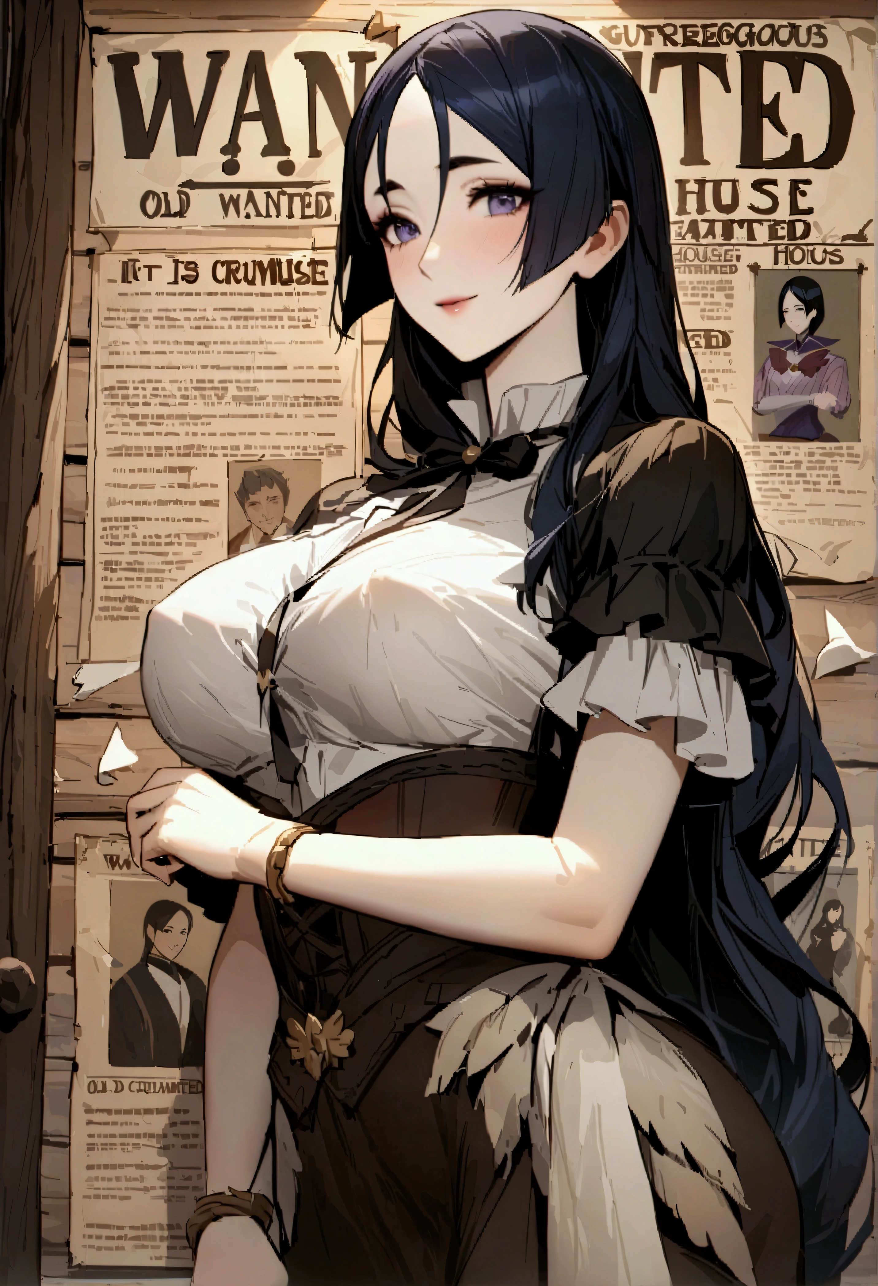 masterpiece、Highest quality、One mature woman、Raikou、A motherly smile、Old western style wanted poster、(Old crumpled paper:1.2)、It is pinned(weathered:1.6) (Log house wall:1.2)、Exquisite detail、Super detailed、(Chiaroscuro: 0.6)