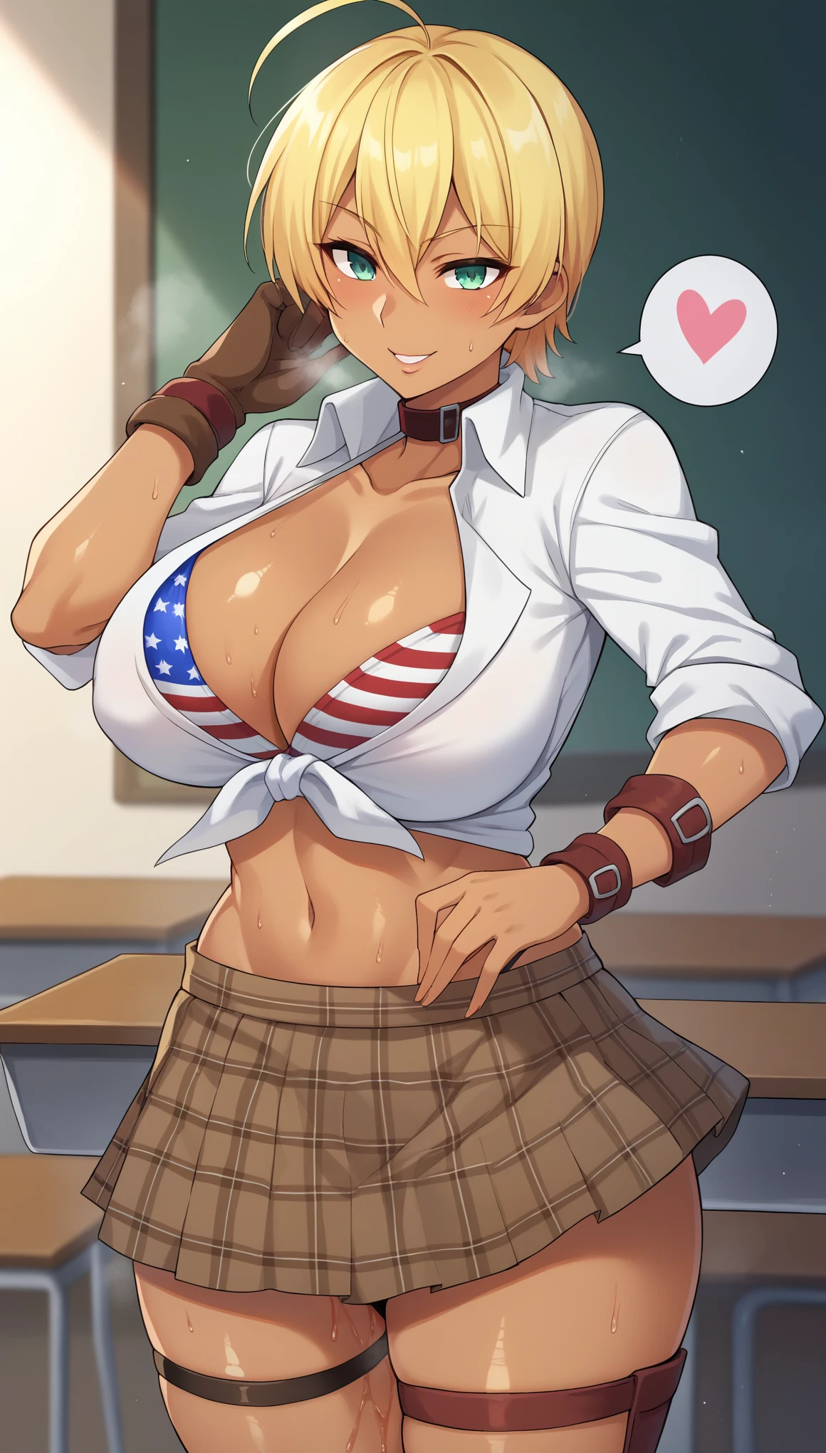 score_9, score_8_up, score_7_up, score_6_up, class room,
BREAK
ExpressiveH, souce_explicit,
BREAK
1girl,mito ikumi, dark-skinned female, blonde hair, short hair, ahoge, elect nipple, large breasts, seductive, smile, spoken heart, 
collar, white shirt, tied shirt, sleeves rolled up, american flag bikini, thong, cleavage, brown skirt, plaid skirt, thigh strap, 
tall, leggy, shiny skin, heavy breathing, wide hips, tight waist, thick thighs, sweat, steaming body,
pussy juice,
,
,
,
,

,