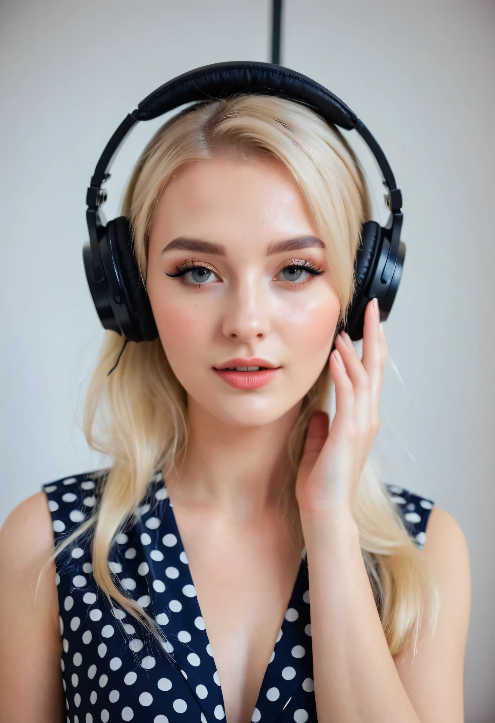fashion photography of 23 y.o blonde woman, beautiful makeup, wearing dot dress, 35mm, Anastasia Ovchinnikova, wearing beautiful headphone, and singing,