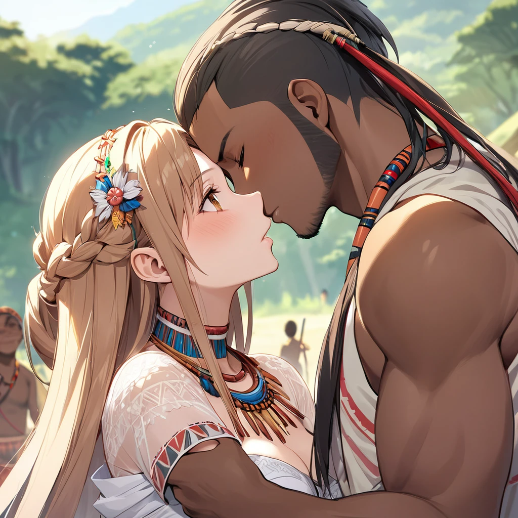 ((Highest quality)), ((masterpiece)), (detailed), (Perfect Face)、The woman is Yuuki Asuna, with light brown, medium-long hair styled in a tribal hairstyle, and in an African tribal village she is dressed in tribal clothing, tribal accessories, and tribal makeup by black-skinned African native men, turning her into a tribal woman.、The woman is dressed in a gorgeous tribal wedding dress and is adorned with tribal accessories, becomes the wife of a tribal man, embraces him, kisses him in oath, and has a wedding ceremony. She is beautifully decorated as a bride in both name and reality, and becomes a tribal woman.、The woman accepts becoming the wife of a tribal man and accepts in body and mind that she will live as a tribal woman.