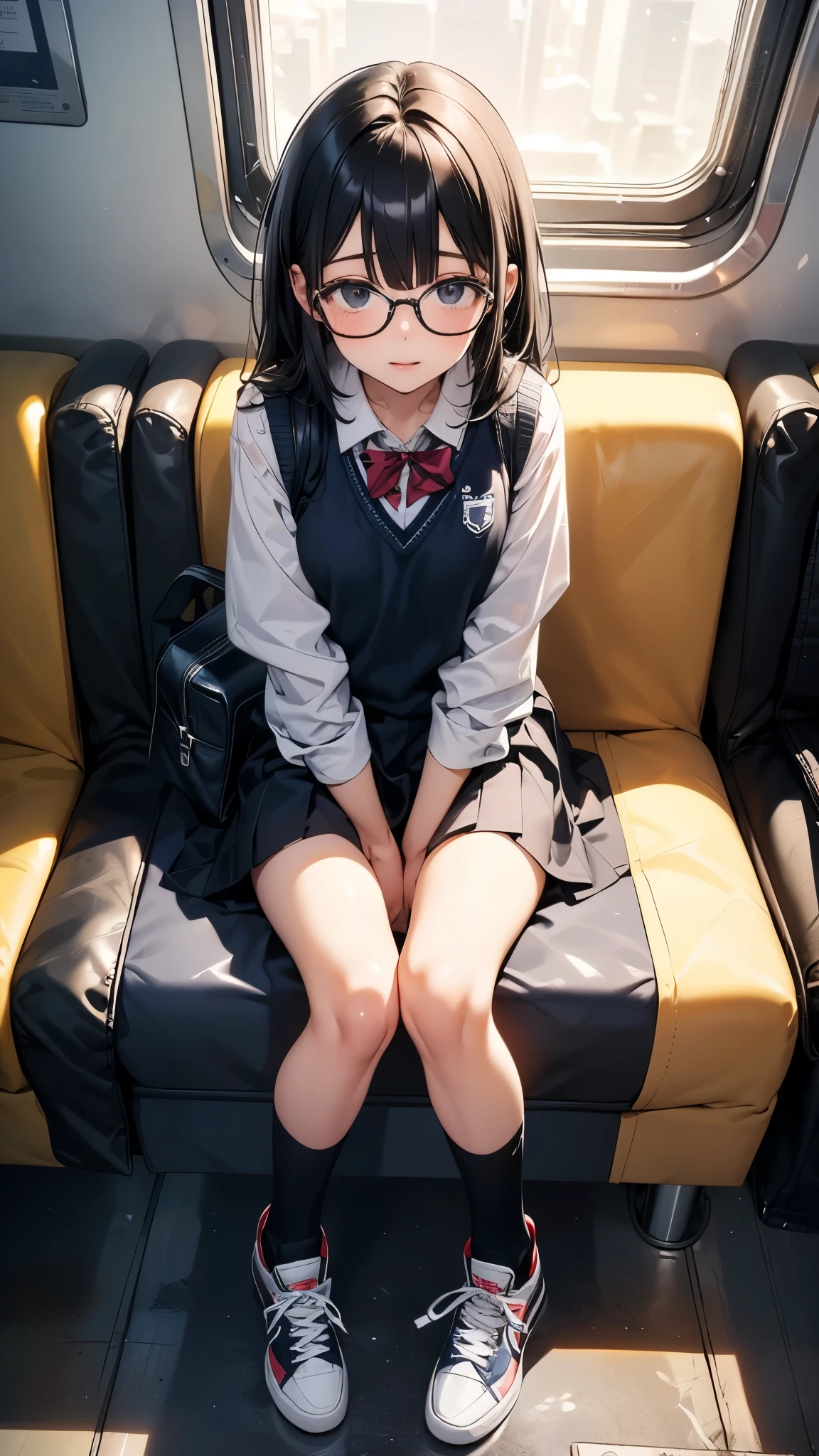 summer、In a crowded train、thick、Sweat、、high school girl、Student Bags、、Low length、(((Long black hair:1.2 hair band)))(((Black-rimmed glasses:1.2 black eye)))、Strong sunlight、thicksummerの昼間、Bright sunlight、Look at this、Front view、Full Body Shot、glamorous、loose socks、Checked mini skirt、Navy knit vest、sit in a train seat、sneakers、