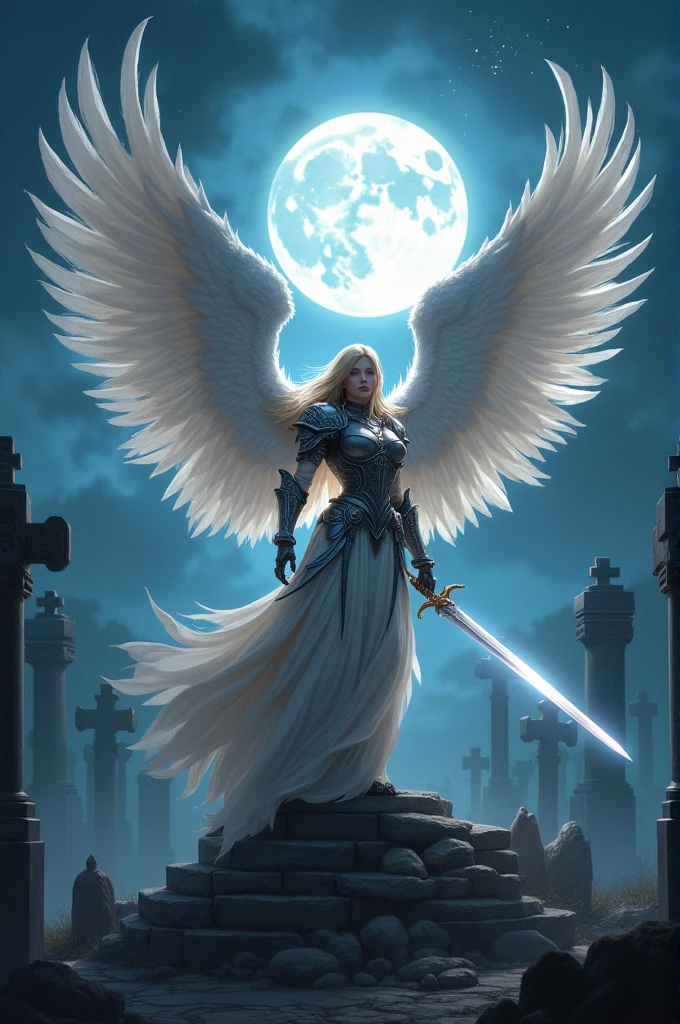 an epic fantasy art of aasimar, female, paladin ready for battle under the full moon, holy warrior, spread large feathered wings, (wings sprouting from the back: 1.3), majestic wings, white angelic wings spread (Masterpiece, intense details: 1.5), moon light, moon, stars, clouds, holy symbol, armed with a divine sword, wearing holy armor, dynamic hair color, dynamic hair style, dynamic skin complexion, dark fantasy cemetery background, anatomically correct (Masterpiece 1.3, intense details), angel_wings, determined face, god rays, cinematic lighting, glowing light, silhouette, from outside, photorealism, panoramic view (Masterpiece 1.3, intense details) , Wide-Angle, Ultra-Wide Angle, 16k, highres, best quality, high details, 16K, ultra detailed, masterpiece, best quality, (extremely detailed), arafed, dnd art, portrait, full body,