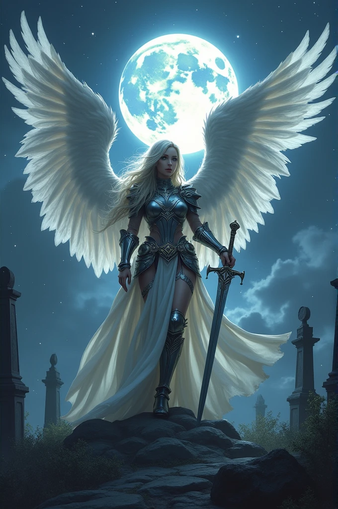 an epic fantasy art of aasimar, female, paladin ready for battle under the full moon, holy warrior, spread large feathered wings, (wings sprouting from the back: 1.3), majestic wings, white angelic wings spread (Masterpiece, intense details: 1.5), moon light, moon, stars, clouds, holy symbol, armed with a divine sword, wearing holy armor, dynamic hair color, dynamic hair style, dynamic skin complexion, dark fantasy cemetery background, anatomically correct (Masterpiece 1.3, intense details), angel_wings, determined face, god rays, cinematic lighting, glowing light, silhouette, from outside, photorealism, panoramic view (Masterpiece 1.3, intense details) , Wide-Angle, Ultra-Wide Angle, 16k, highres, best quality, high details, 16K, ultra detailed, masterpiece, best quality, (extremely detailed), arafed, dnd art, portrait, full body,
