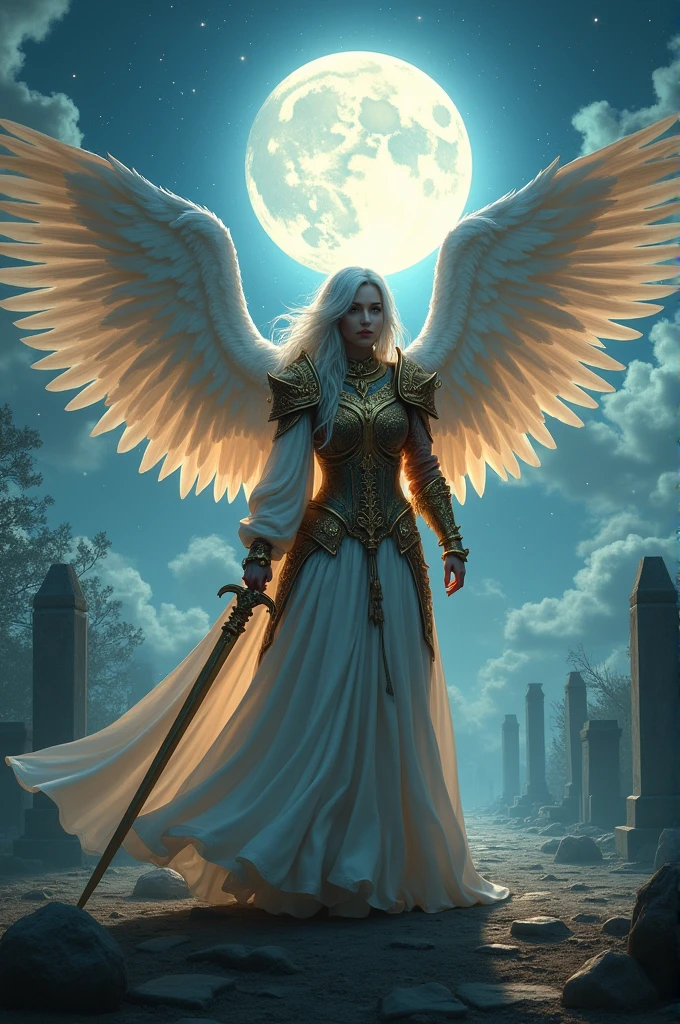 an epic fantasy art of aasimar, female, paladin ready for battle under the full moon, holy warrior, spread large feathered wings, (wings sprouting from the back: 1.3), majestic wings, white angelic wings spread (Masterpiece, intense details: 1.5), moon light, moon, stars, clouds, holy symbol, armed with a divine sword, wearing holy armor, dynamic hair color, dynamic hair style, dynamic skin complexion, dark fantasy cemetery background, anatomically correct (Masterpiece 1.3, intense details), angel_wings, determined face, god rays, cinematic lighting, glowing light, silhouette, from outside, photorealism, panoramic view (Masterpiece 1.3, intense details) , Wide-Angle, Ultra-Wide Angle, 16k, highres, best quality, high details, 16K, ultra detailed, masterpiece, best quality, (extremely detailed), arafed, dnd art, portrait, full body,