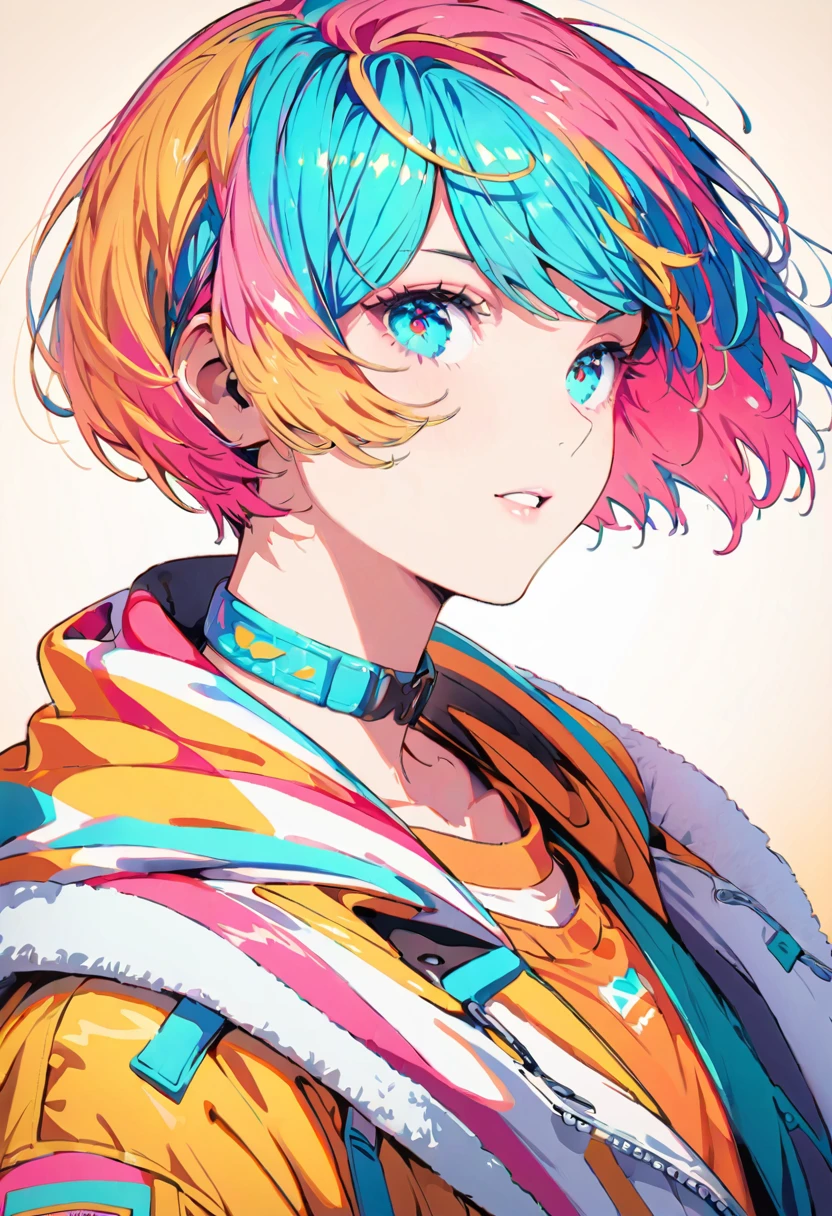 (Highest quality:1.2, City Pop Style, Very detailed, up to date, Vibrant, High Contrast, masterpiece:1.2, Highest quality, Best aesthetics), boy, ((Face Up Shot:1.4)), Colorful Hair, Bobcut, pastel colour, 1980s style, ((Retro, Vintage, Plain background))
