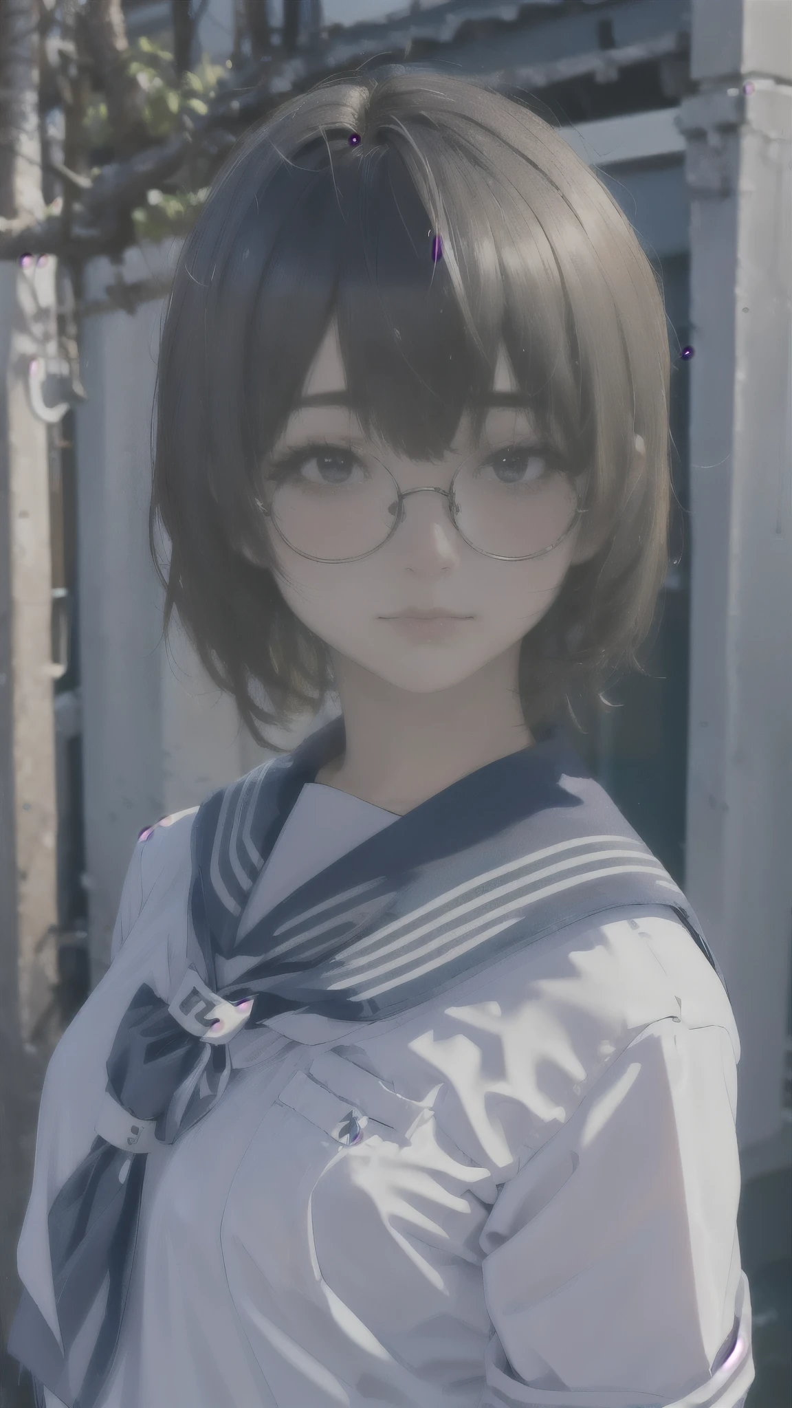 One girl、uniform、scenery、Glasses、Close-up of face、Highest quality、Masterpiece、Upper Body、solo