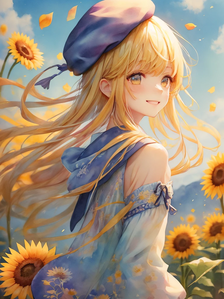 , ((beret)), solo, yellow hair, long hair, light blue pinafore, smile, blue sky, in a sunflower field, (surrounded by sunflowers), wind, petals, hand on own head, ((tareme)), (watercolor style), volumetric light, (pastel color style), anime, (masterpiece, best quality, very aesthetic, absurdres, detailed background), newest, intricate, ai-generated, illustration, shine colorful, from side, ((cowboy shot)), bloom, (light particles),