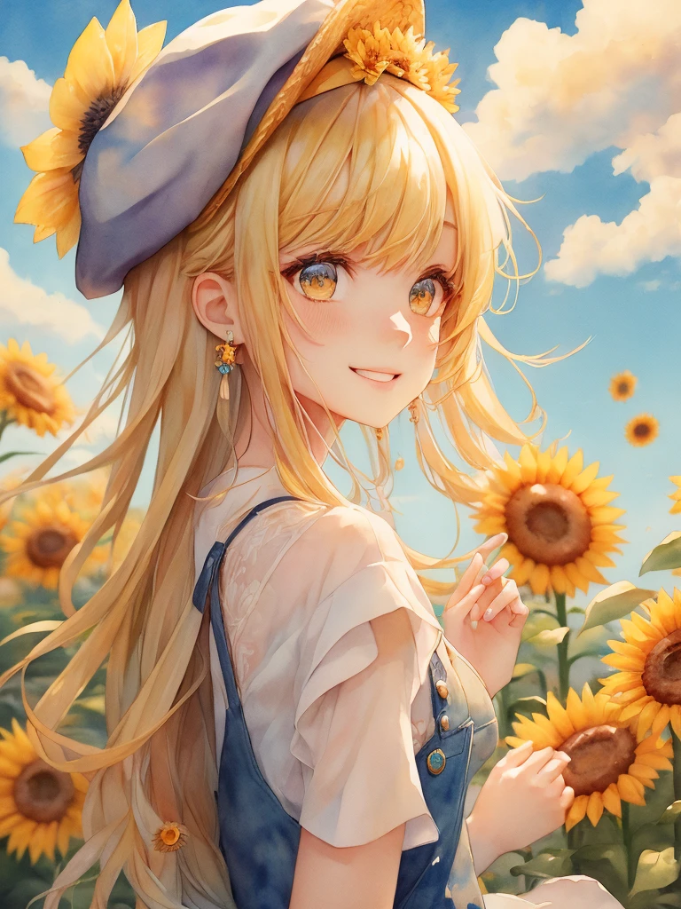 , ((beret)), solo, yellow hair, long hair, light blue pinafore, smile, blue sky, in a sunflower field, (surrounded by sunflowers), wind, petals, hand on own head, ((tareme)), (watercolor style), volumetric light, (pastel color style), anime, (masterpiece, best quality, very aesthetic, absurdres, detailed background), newest, intricate, ai-generated, illustration, shine colorful, from side, ((cowboy shot)), bloom, (light particles),