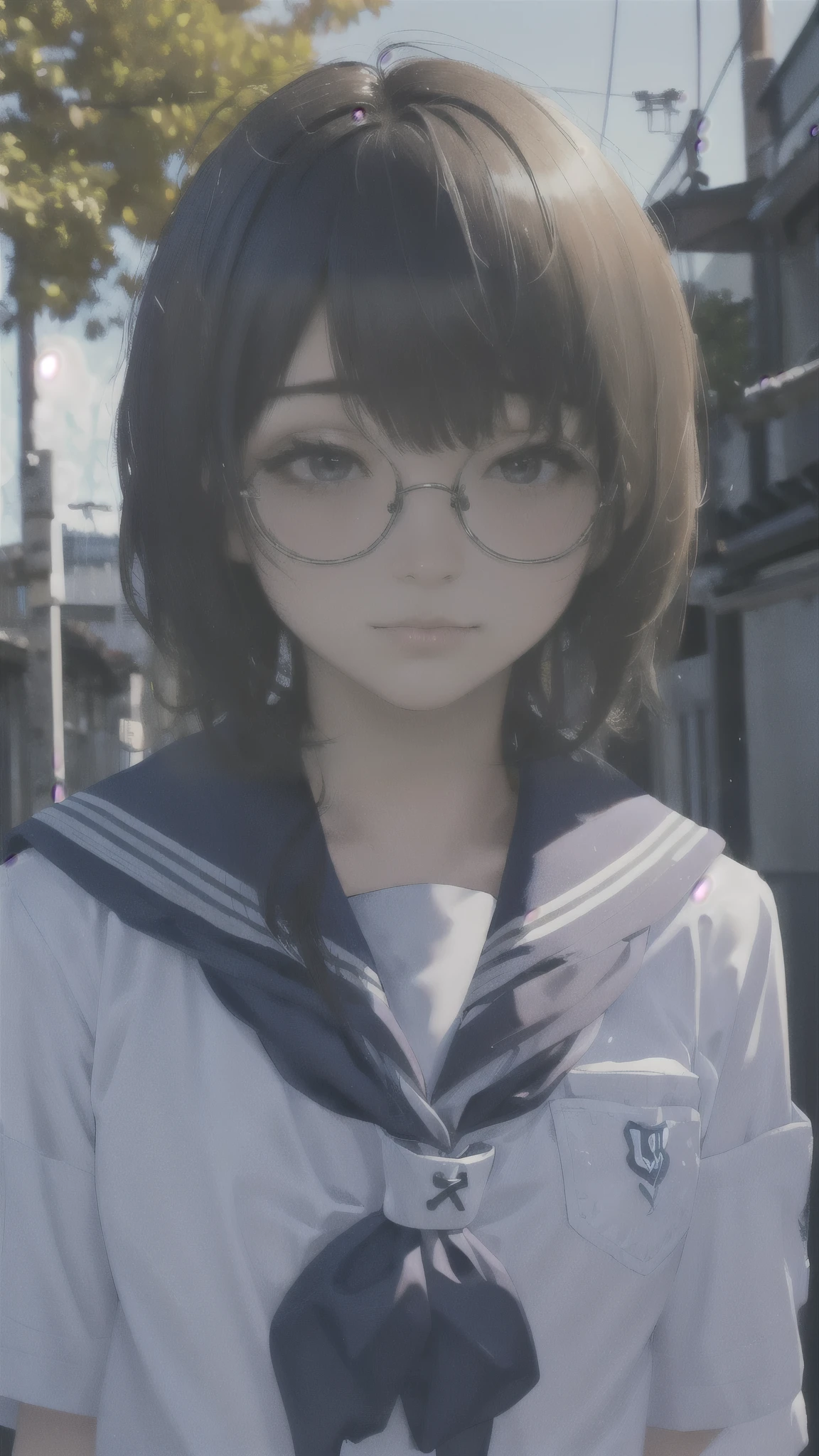 One girl、uniform、scenery、Glasses、Close-up of face、Highest quality、Masterpiece、Upper Body、solo