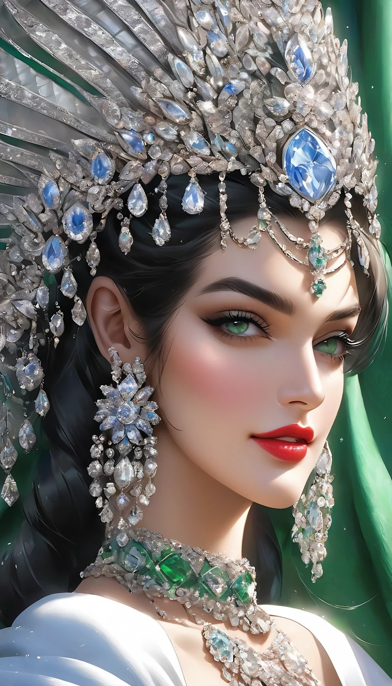 , inspired by Emma Andijewska, draped in crystals, silver color, long earrings, sandra chevier, huge earrings, blue-eyed, platinum jewellery, earring, flawless structure, silver earring, , a woman, Kriti Sanon, outdoors, realistic skin texture, smiling, post-processing, Maximum texture, masterpiece, ultra-detailed, photorealistic, realistic, real picture, hyperrealism, Sharp focus, insane details, intricate details, full sharp, detailed face, realistic eyes,simple white stucco background ,big hoop earrings, makeup,white skin,sharp jawline ,big earrings, oversized earrings,big breasts,full body view , necklace, eyeliner, eyeshadow, foundation, jewelry,bangles, anklet,silky black blunt hair ,face makeup, eyeliner,red lipstick , printed green bra ,jeans
