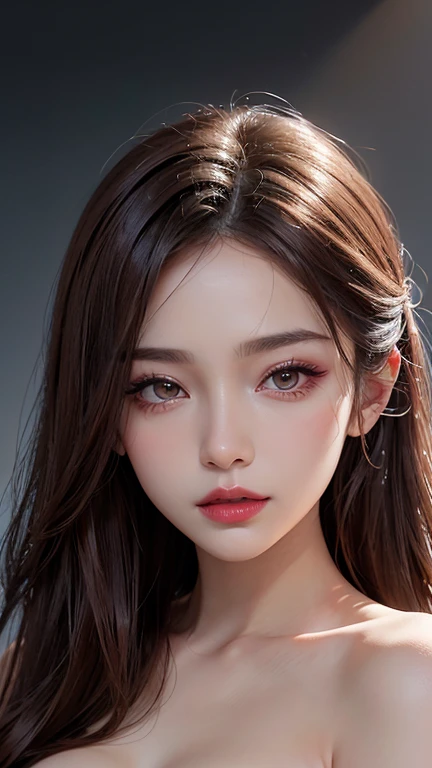 high resolution portrait。With a symmetrical face、Have clear, smooth skin and a radiant complexion。The facial features are well defined、High cheekbones、Straight nose、Characterized by plump lips。The eyes are large and expressive、Have long, thick eyelashes and perfectly groomed eyebrows。The makeup style is focused on glowing skin with a pearly shine.、Full coverage foundation、Orange blush、Sharp contouring、Holographic eyeshadow、Cool Tone Highlights、Uses deep red lipstick。Wet hair style、Using oils and balms to create volume。The background is simple and elegant.、The focus is on her face.。The lighting is soft and inviting、Enhance her features、It gives a glamorous impression。