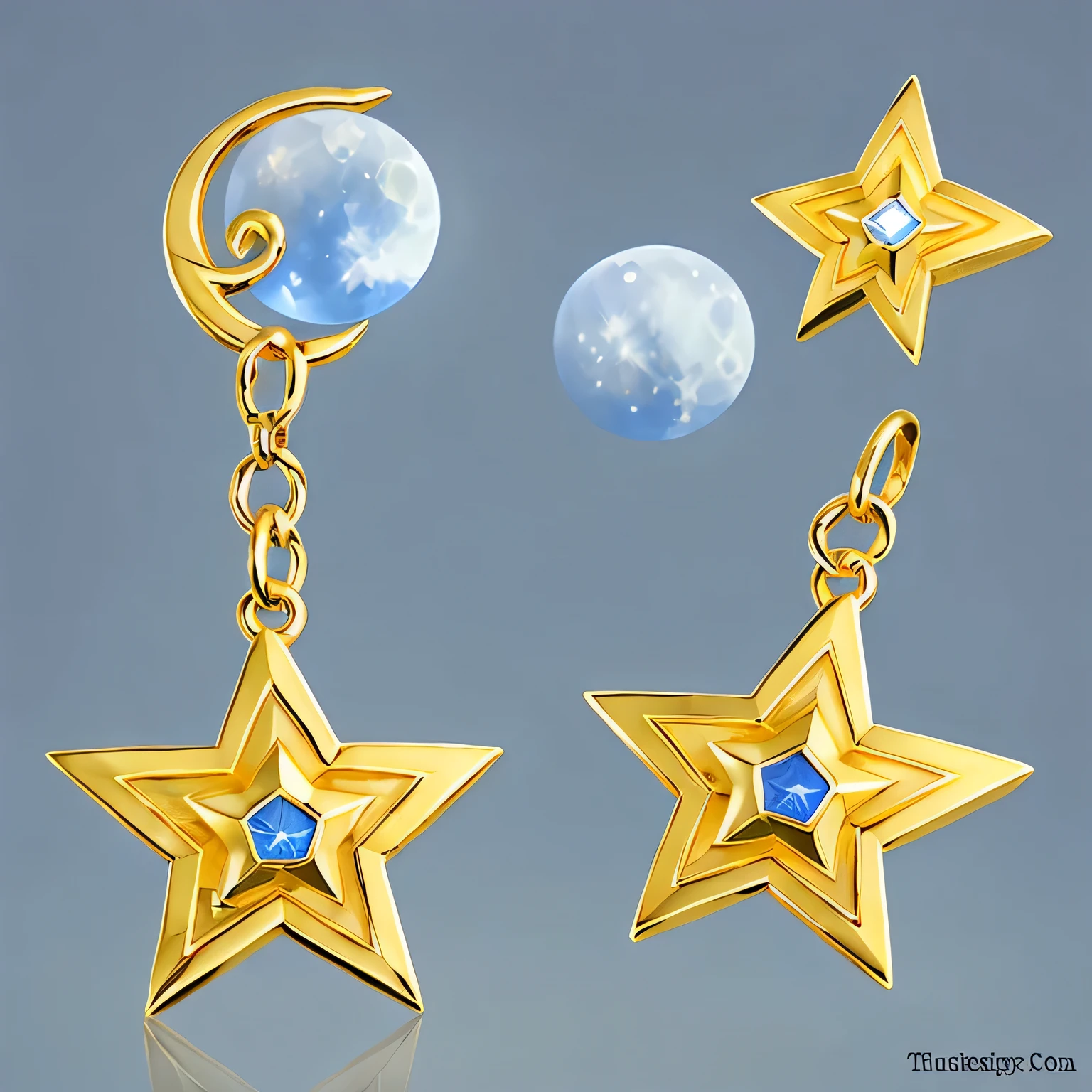 Highest quality、Ultra-realistic、Detailed Star and Moon Earrings、gold、gem