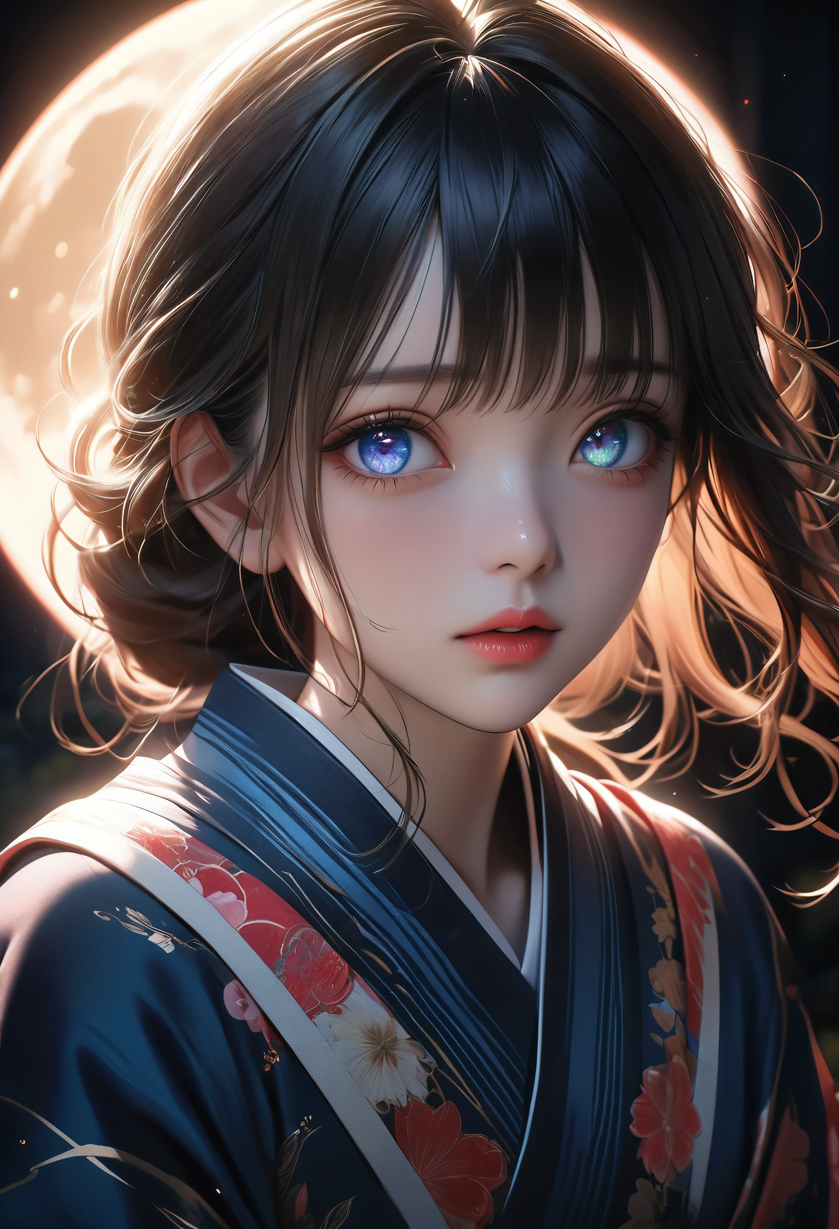 a beautiful girl in a vibrant kimono confessing her love under the light of a large full moon, her face flushed with nervousness and shyness, gazing up with large, captivating eyes, dramatic shadows and backlighting, (best quality,4k,8k,highres,masterpiece:1.2),ultra-detailed,(realistic,photorealistic,photo-realistic:1.37),dramatic lighting,stunning detailed eyes,extremely detailed face,flawless skin,long eyelashes,detailed lips,soft lighting,cinematic,romantic,emotional,radiant colors,glowing moon,dark night,reverse backlighting,underexposed,unreadable expression,moonlit aesthetic,dramatic shadows,looking directly at viewer,I've always loved you❤️,(shot from above:1.37)